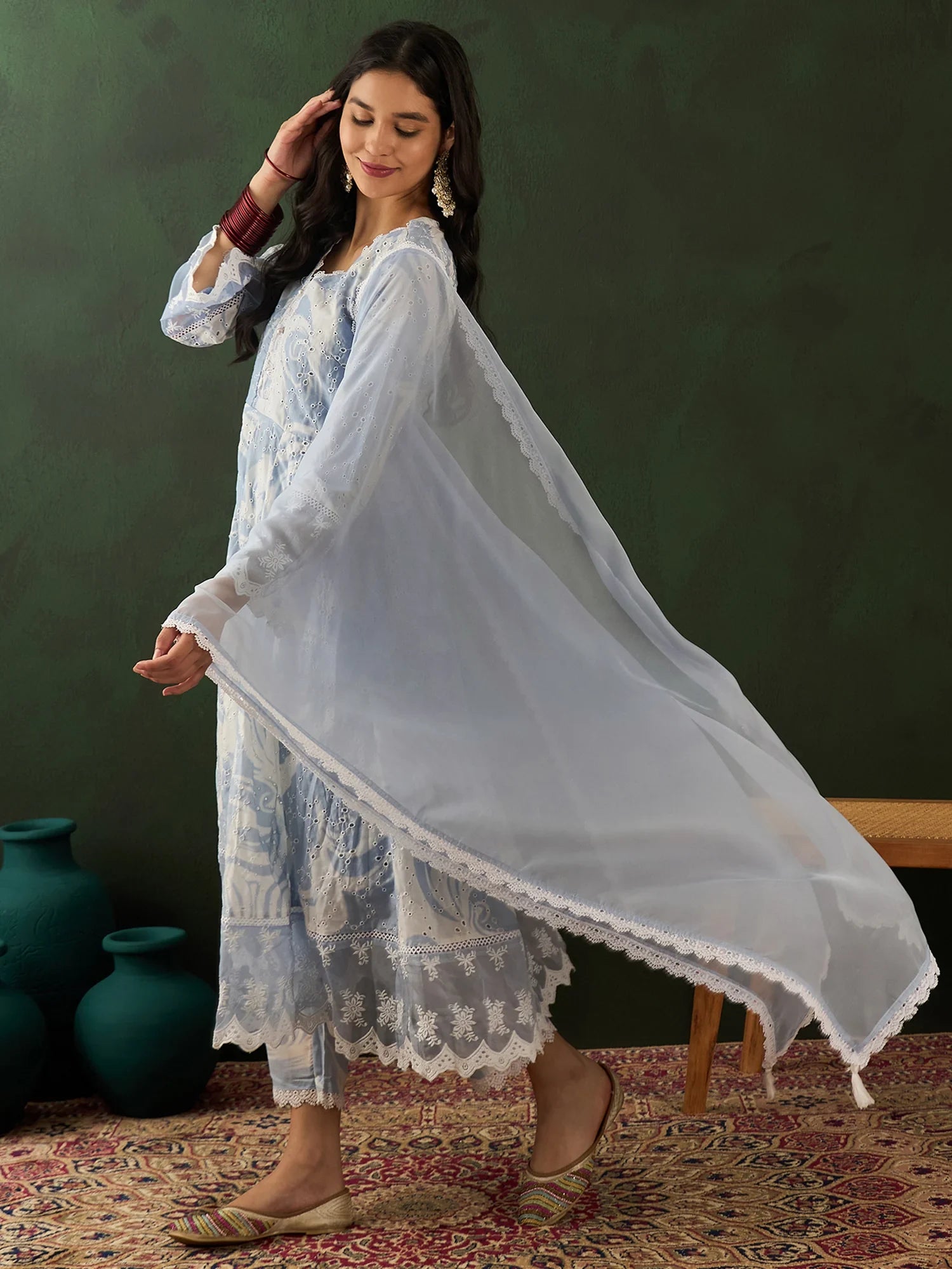 Alluring Blue Embroidered Cotton Readymade Anarkali Suit Pant - Zeel Clothing