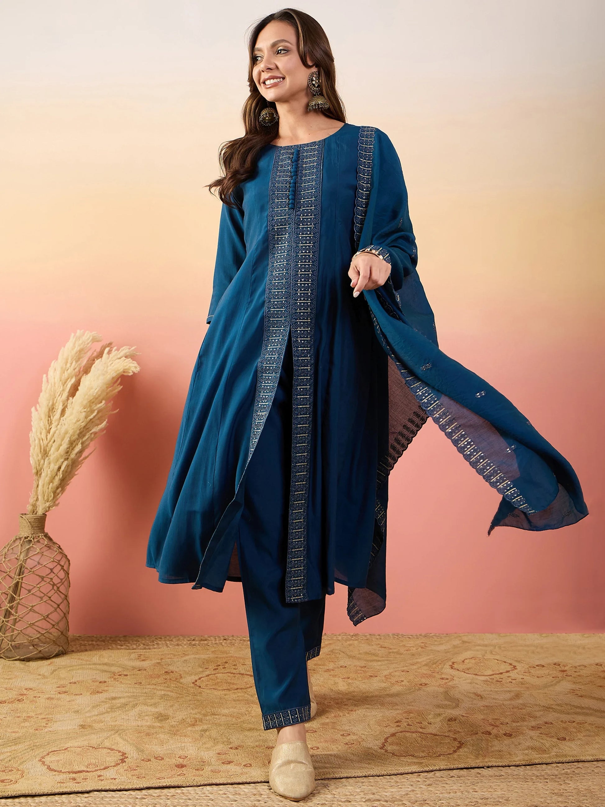 Alluring Blue Embroidered Silk Festival Wear Pant Suit With Dupatta - Zeel Clothing