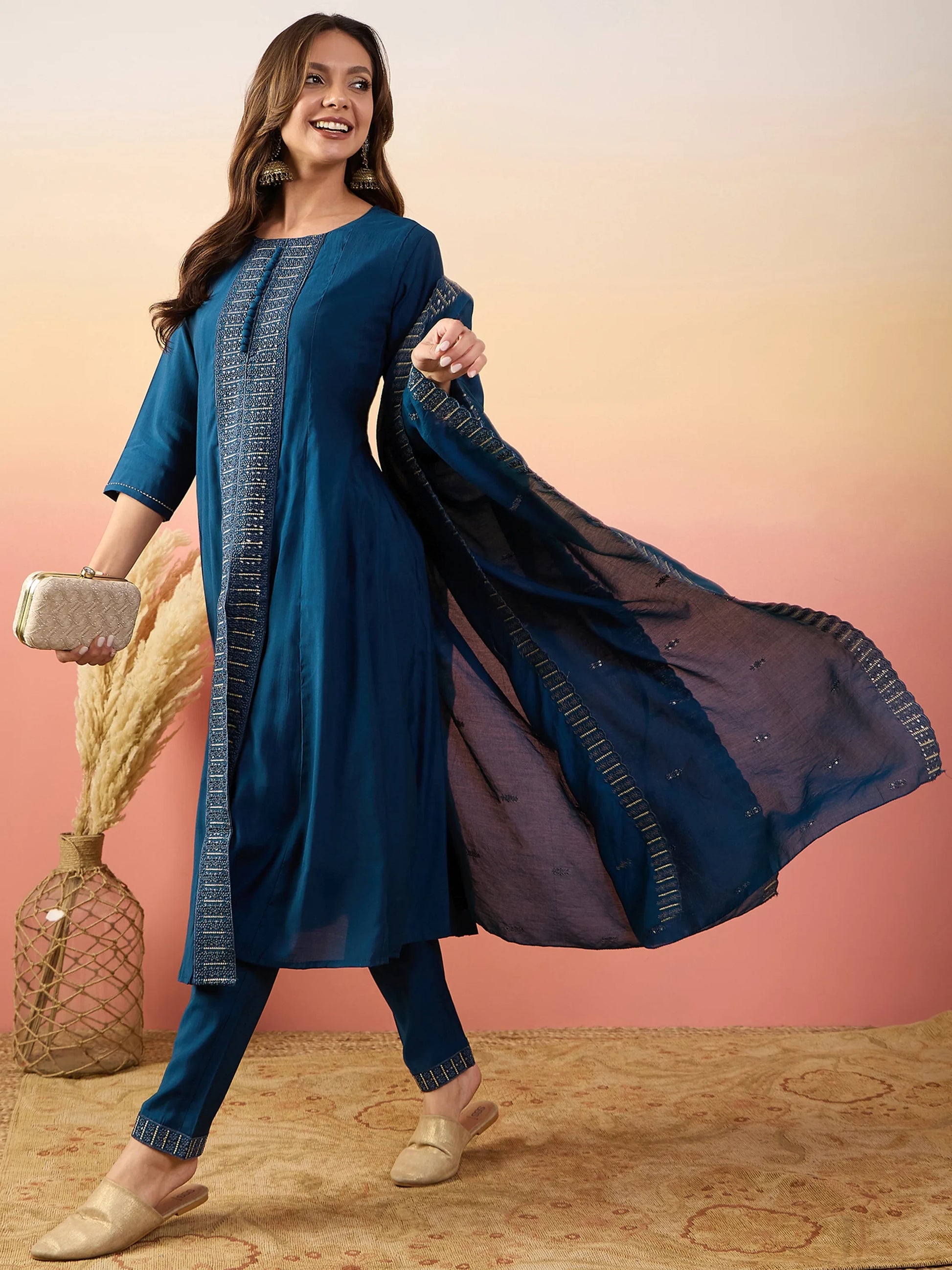 Alluring Blue Embroidered Silk Festival Wear Pant Suit With Dupatta - Zeel Clothing