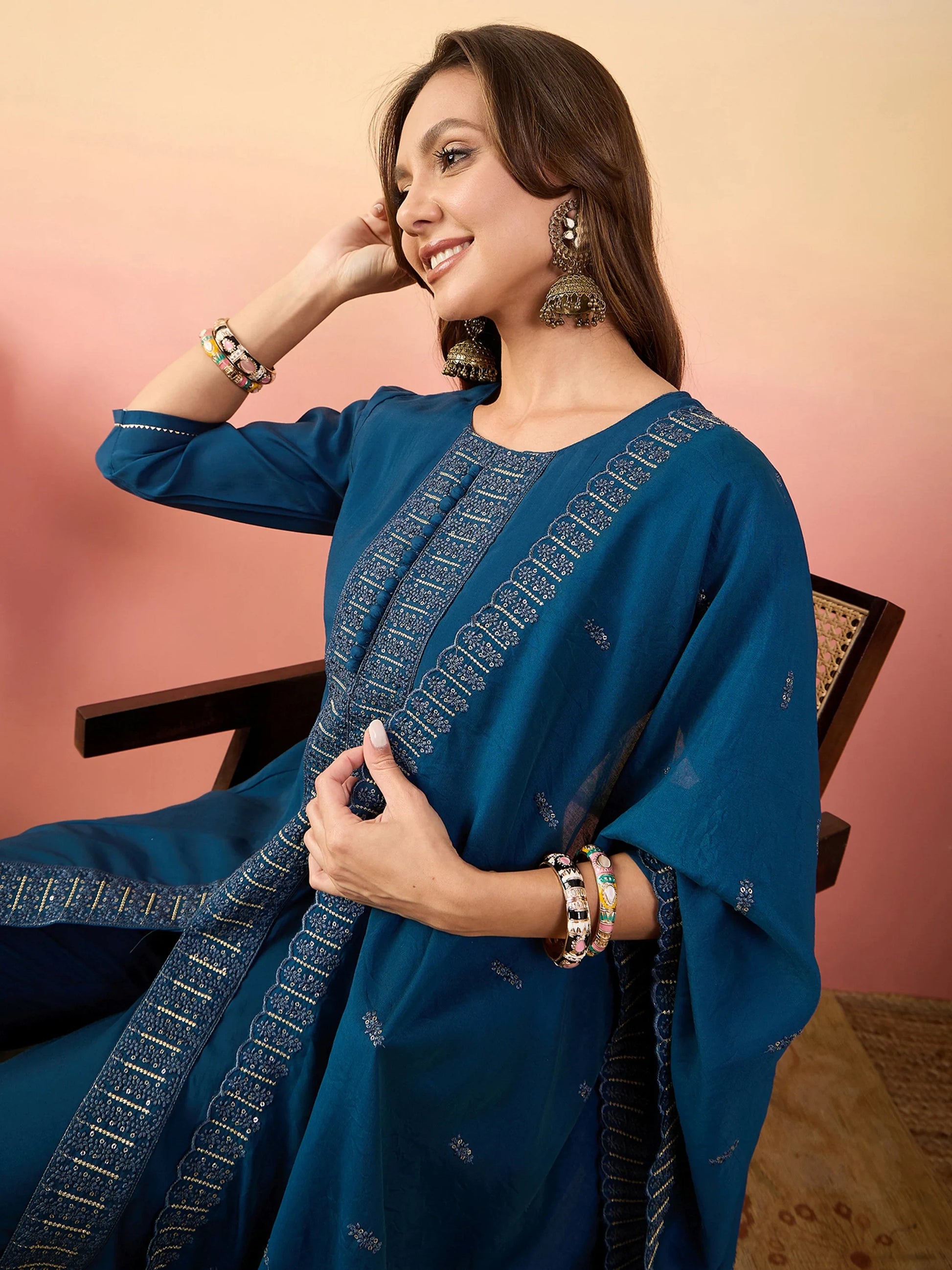 Alluring Blue Embroidered Silk Festival Wear Pant Suit With Dupatta - Zeel Clothing