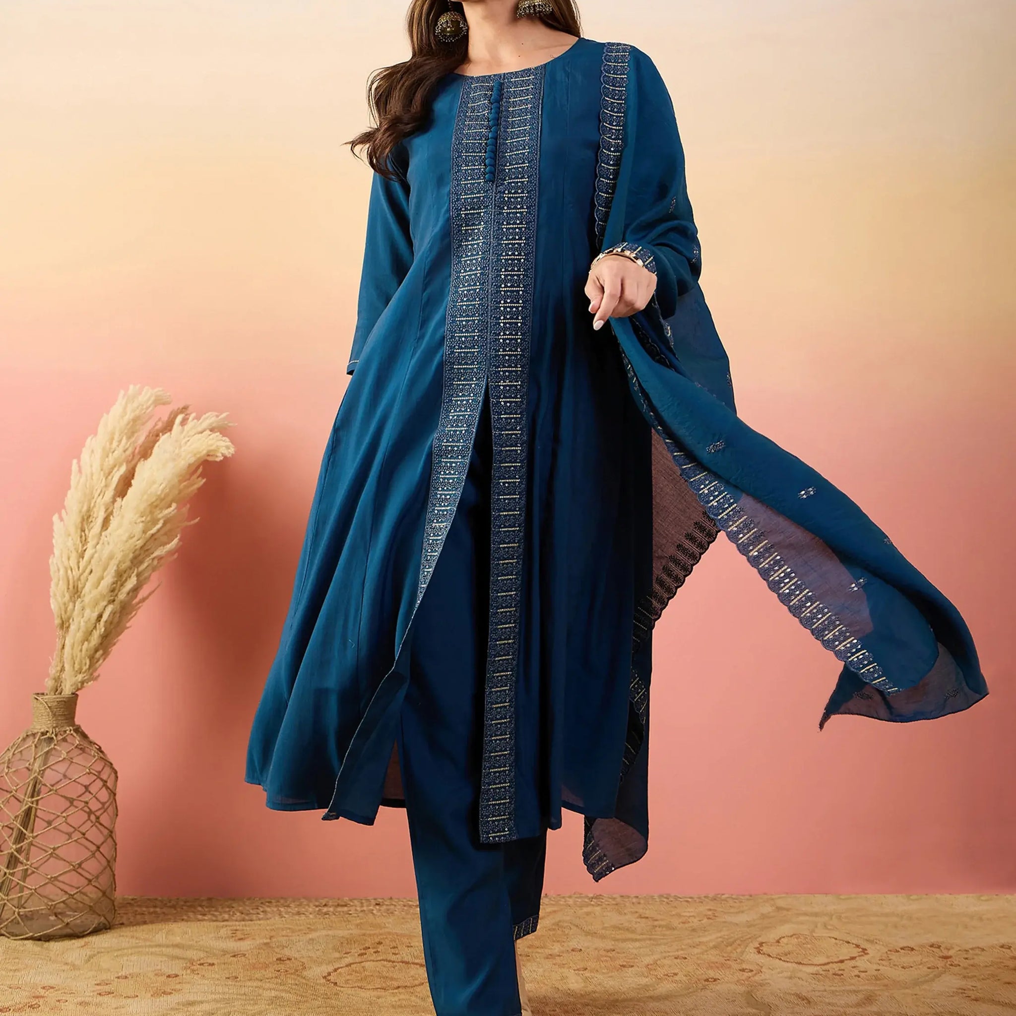 Alluring Blue Embroidered Silk Festival Wear Pant Suit With Dupatta - Zeel Clothing