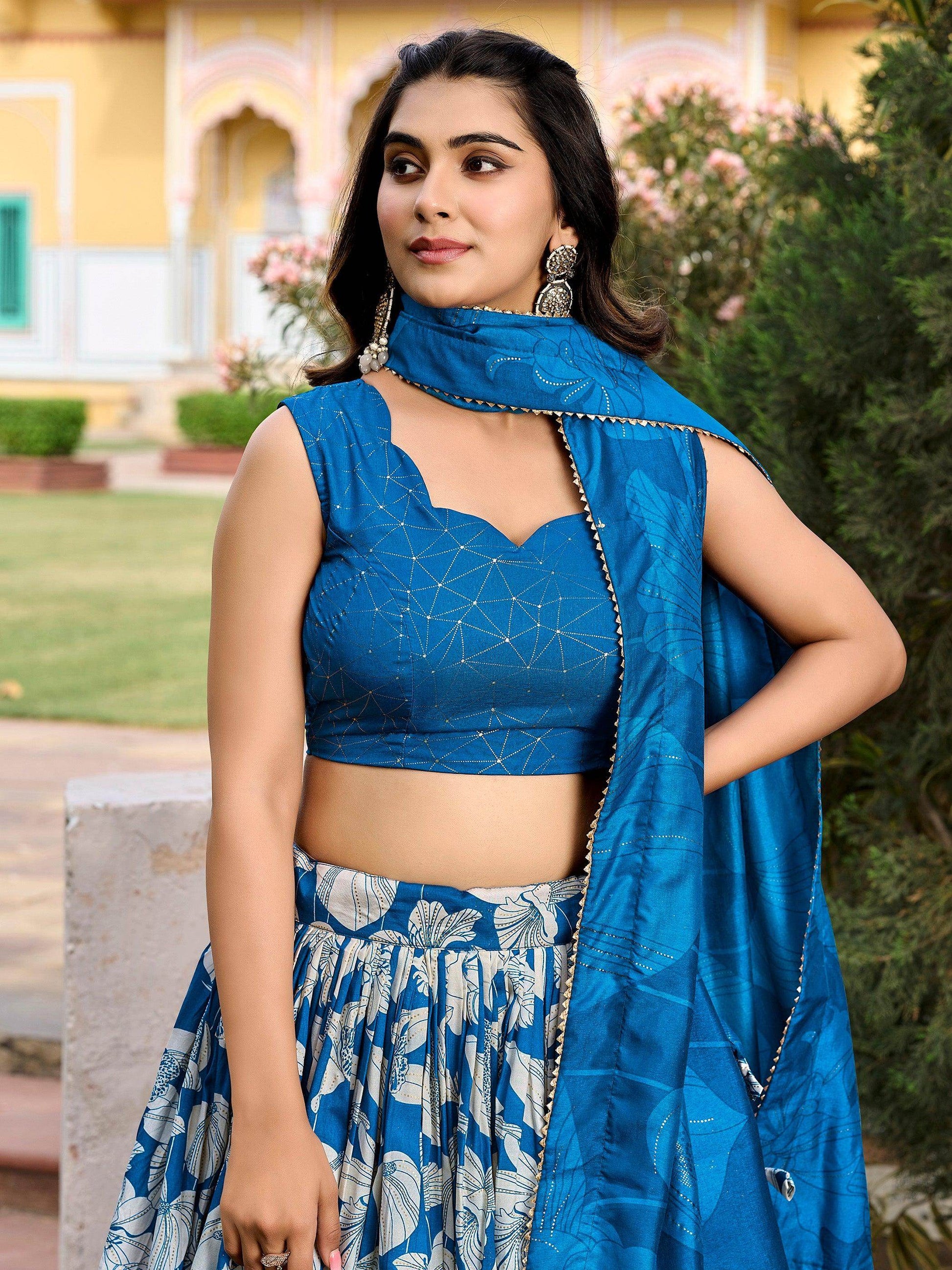 Alluring Blue Floral Printed Tussar Silk Festival Wear Lehenga Choli - Zeel Clothing