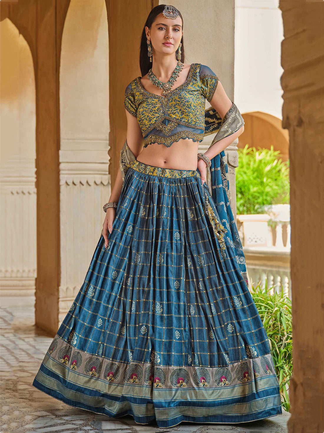 Alluring Blue Foil Print Silk Bridesmaid Lehenga Choli With Dupatta - Zeel Clothing