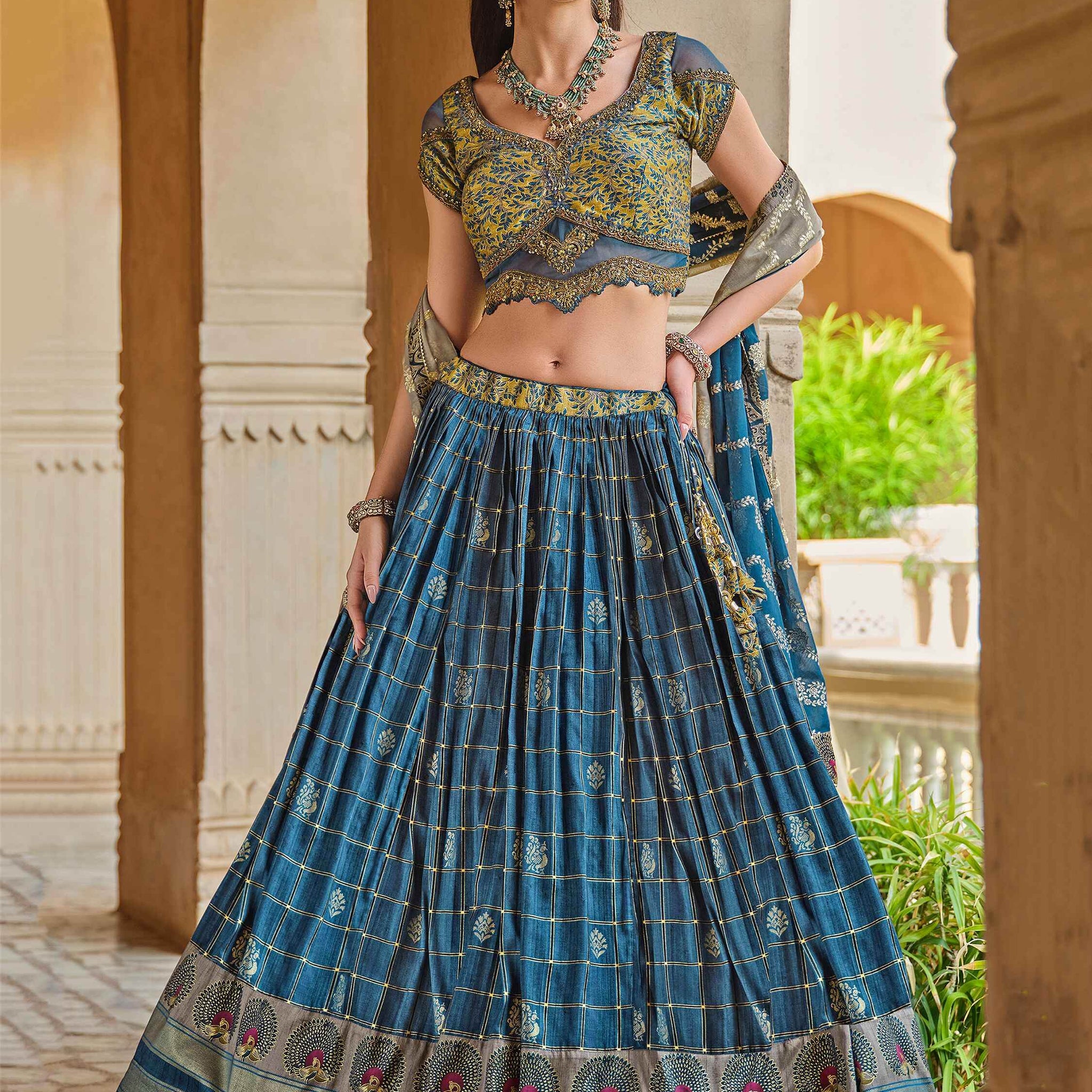 Alluring Blue Foil Print Silk Bridesmaid Lehenga Choli With Dupatta - Zeel Clothing