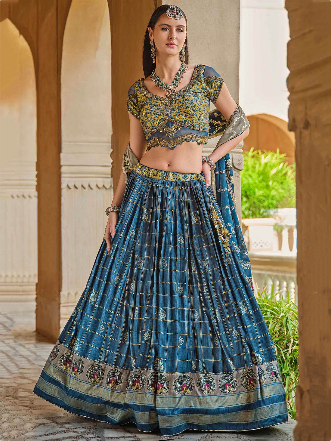 Alluring Blue Foil Print Silk Bridesmaid Lehenga Choli With Dupatta - Zeel Clothing