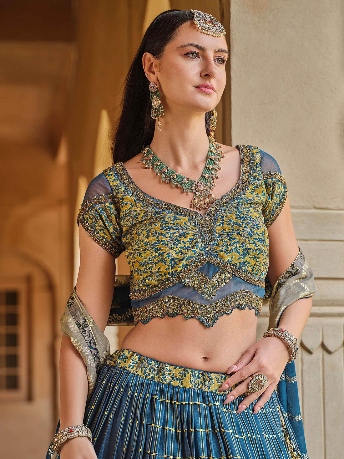 Alluring Blue Foil Print Silk Bridesmaid Lehenga Choli With Dupatta - Zeel Clothing