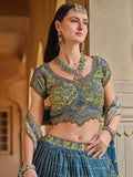 Alluring Blue Foil Print Silk Bridesmaid Lehenga Choli With Dupatta - Zeel Clothing