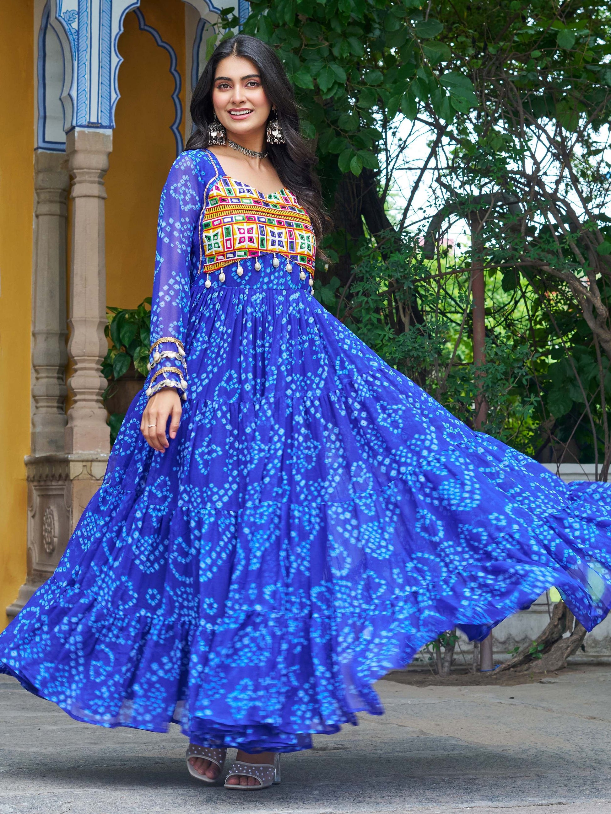 Alluring Blue Kutchi Patch Work Georgette Navratri Special Gown - Zeel Clothing