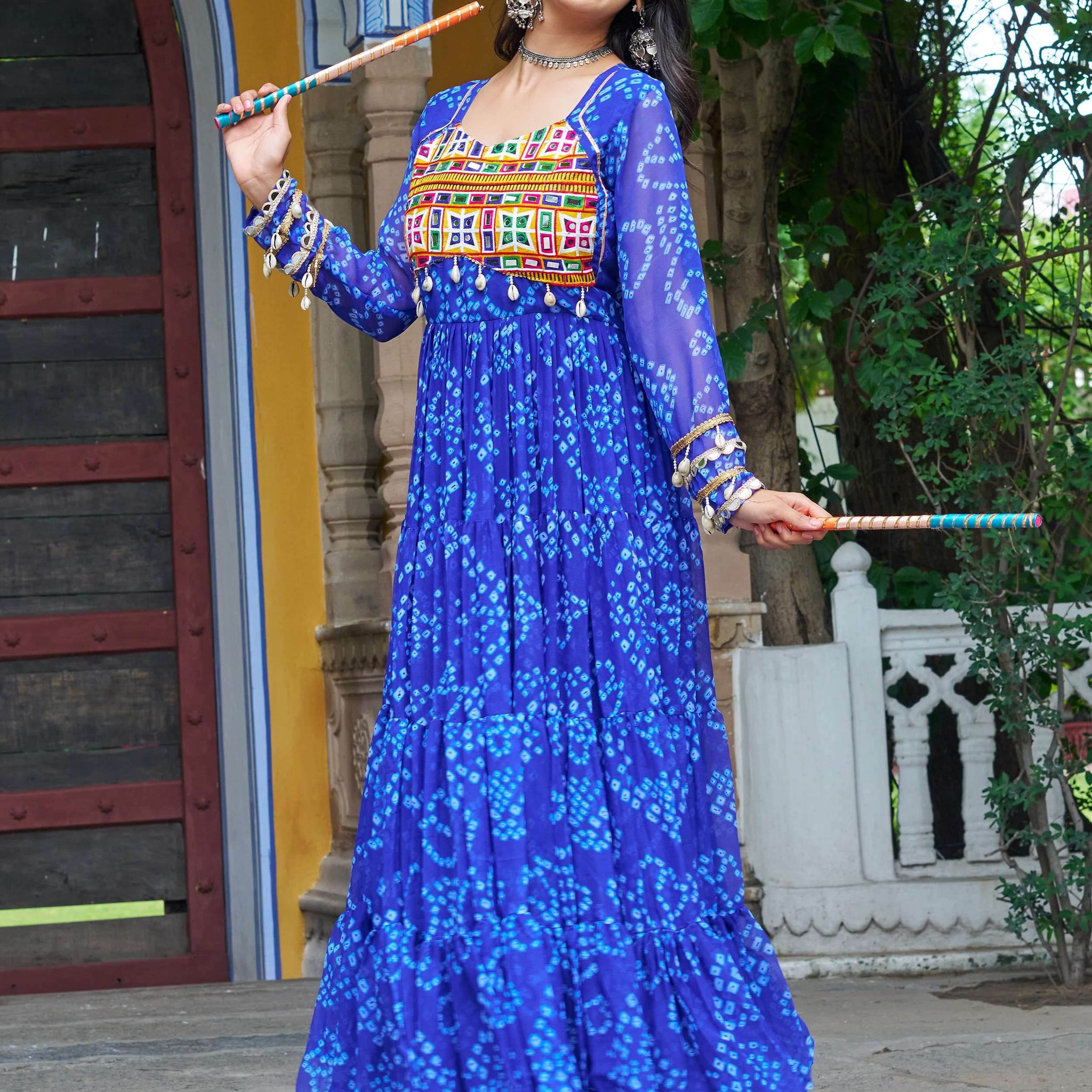 Alluring Blue Kutchi Patch Work Georgette Navratri Special Gown - Zeel Clothing