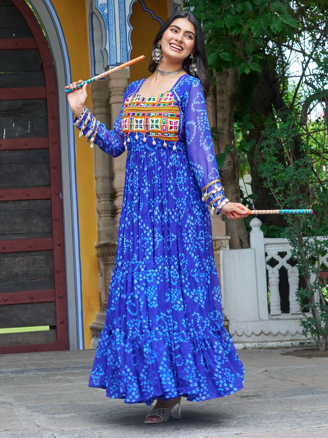 Alluring Blue Kutchi Patch Work Georgette Navratri Special Gown - Zeel Clothing