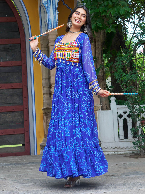 Alluring Blue Kutchi Patch Work Georgette Navratri Special Gown - Zeel Clothing