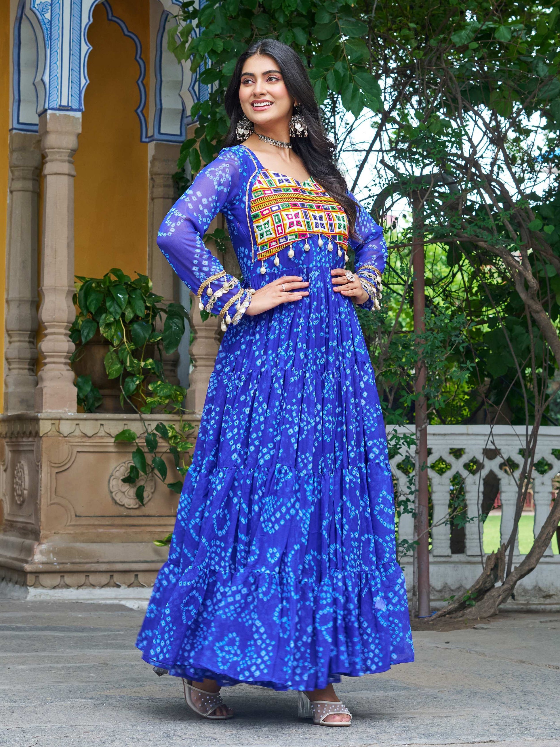 Alluring Blue Kutchi Patch Work Georgette Navratri Special Gown - Zeel Clothing