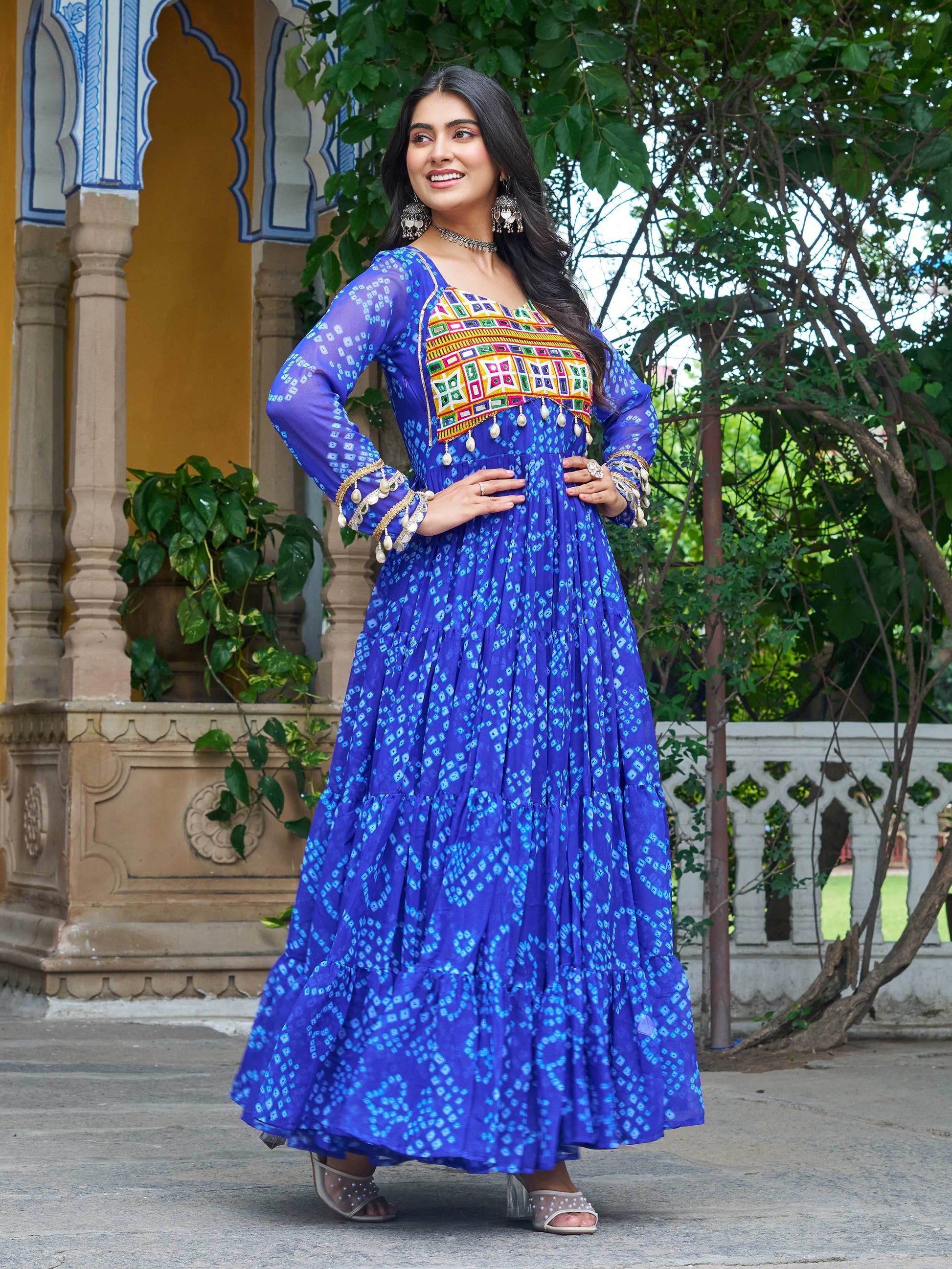 Alluring Blue Kutchi Patch Work Georgette Navratri Special Gown - Zeel Clothing