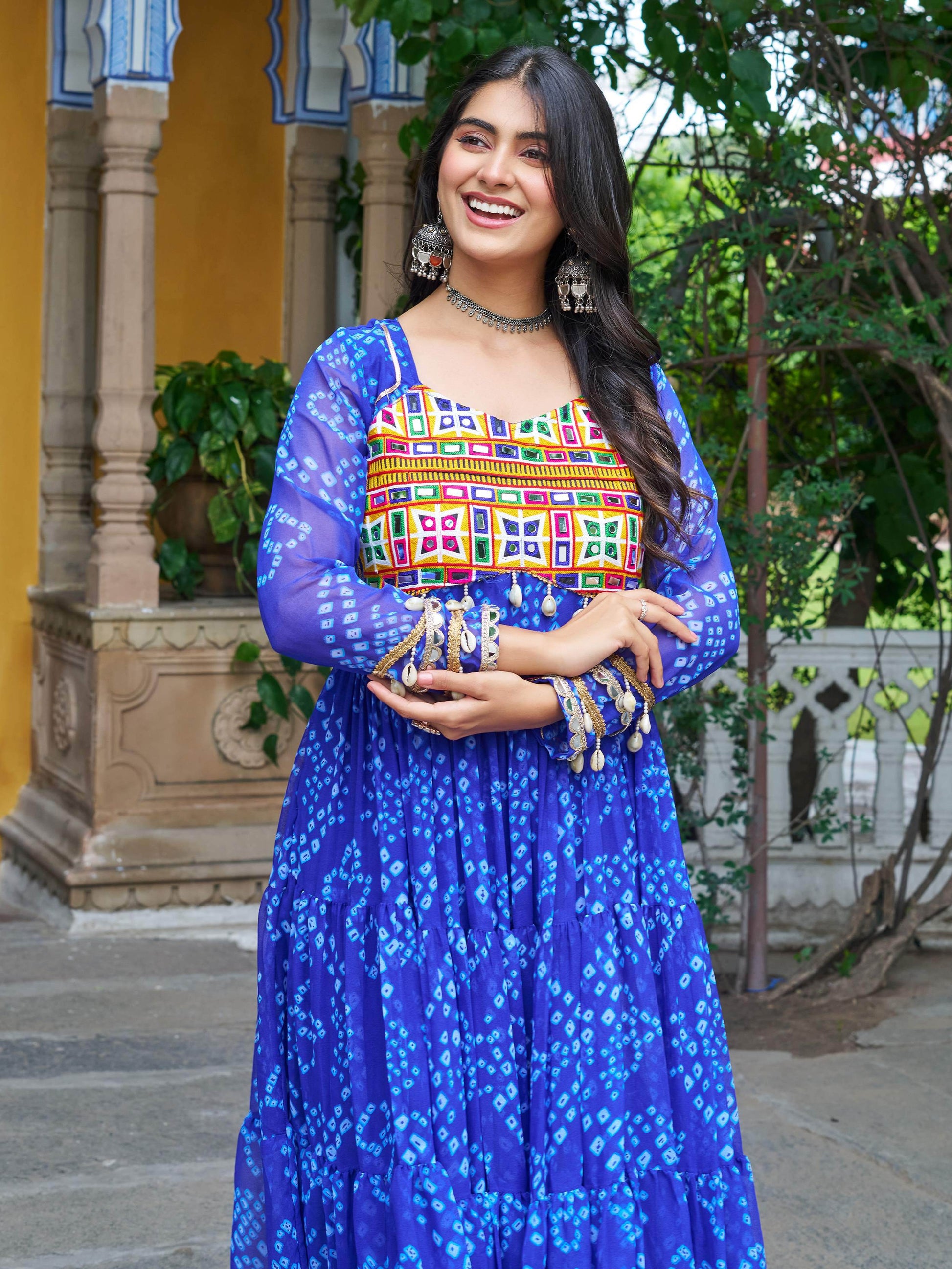 Alluring Blue Kutchi Patch Work Georgette Navratri Special Gown - Zeel Clothing