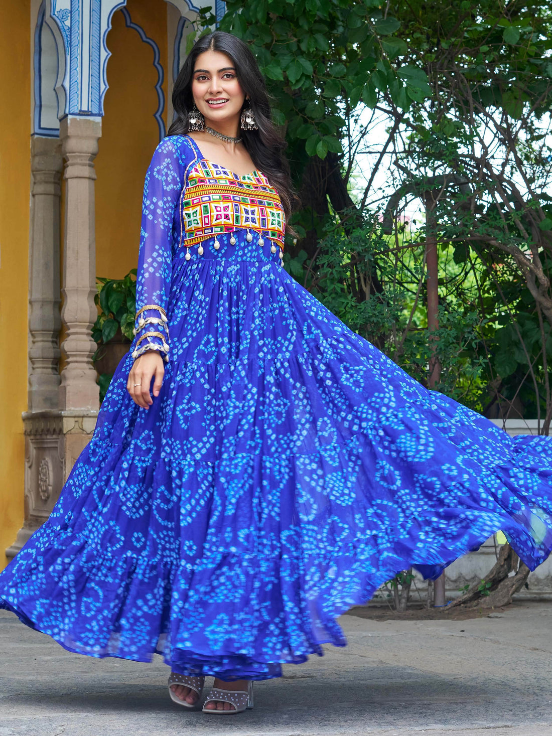 Alluring Blue Kutchi Patch Work Georgette Navratri Special Gown - Zeel Clothing