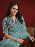 Alluring Blue Lace Work Silk Engagement Wear Saree With Blouse - Zeel Clothing