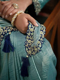 Alluring Blue Lace Work Silk Engagement Wear Saree With Blouse - Zeel Clothing