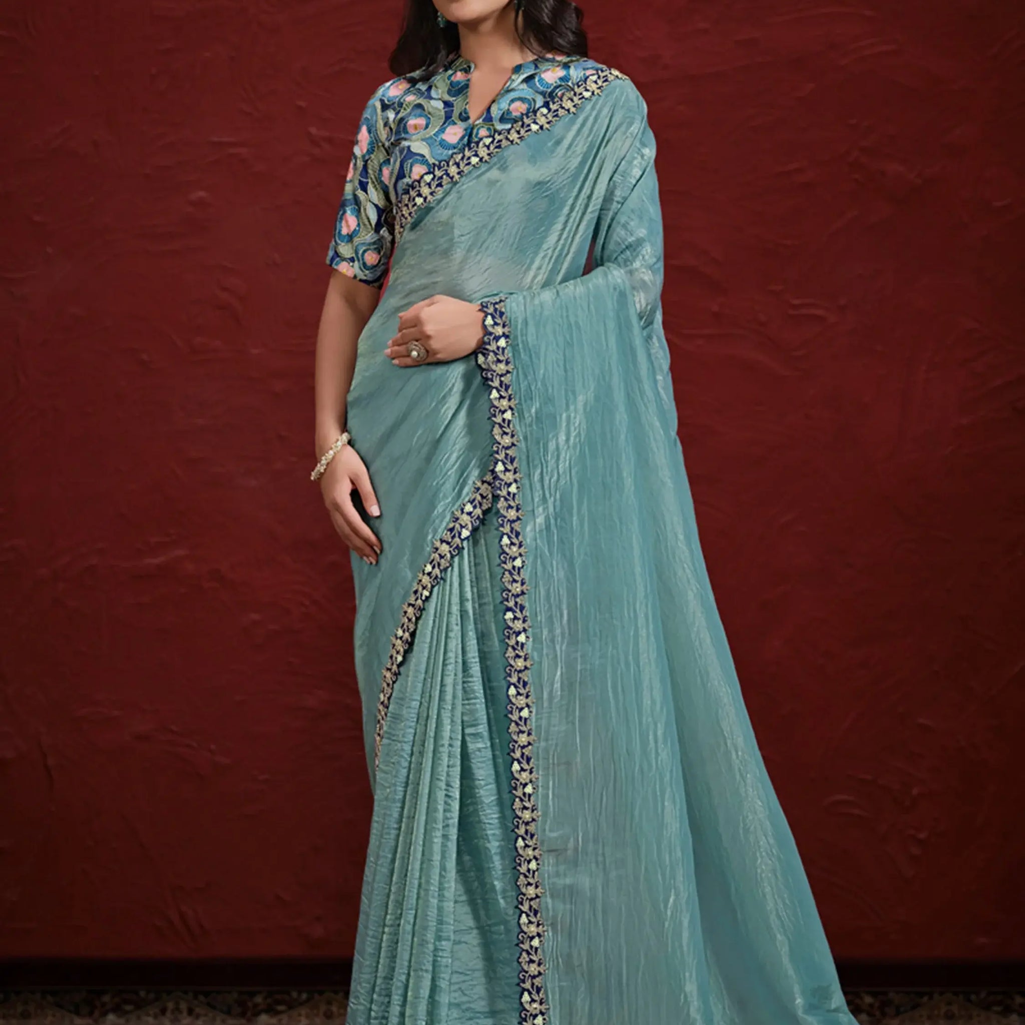 Alluring Blue Lace Work Silk Engagement Wear Saree With Blouse - Zeel Clothing