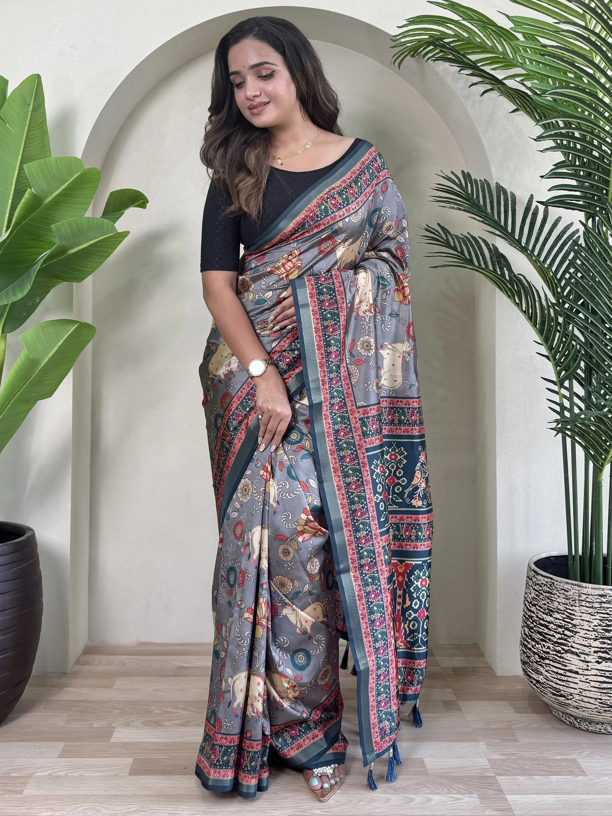 Alluring Blue Pichwai Printed Viscose Silk Casual Wear Saree With Blouse - Zeel Clothing