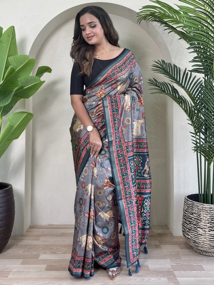 Alluring Blue Pichwai Printed Viscose Silk Casual Wear Saree With Blouse - Zeel Clothing