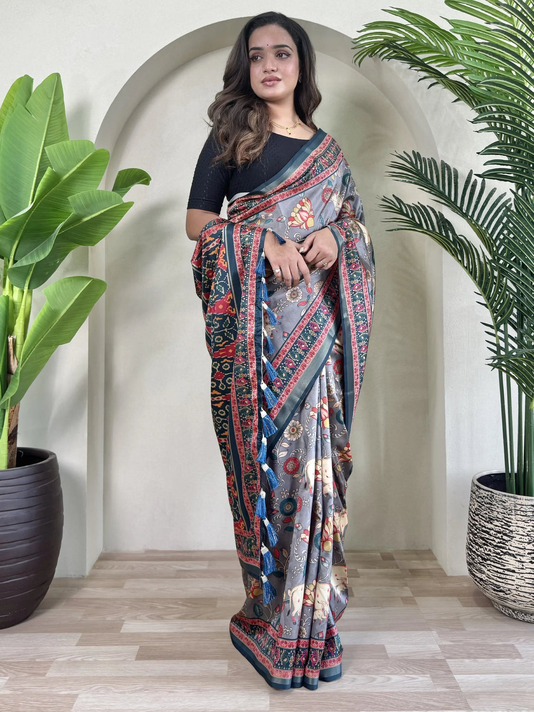 Alluring Blue Pichwai Printed Viscose Silk Casual Wear Saree With Blouse