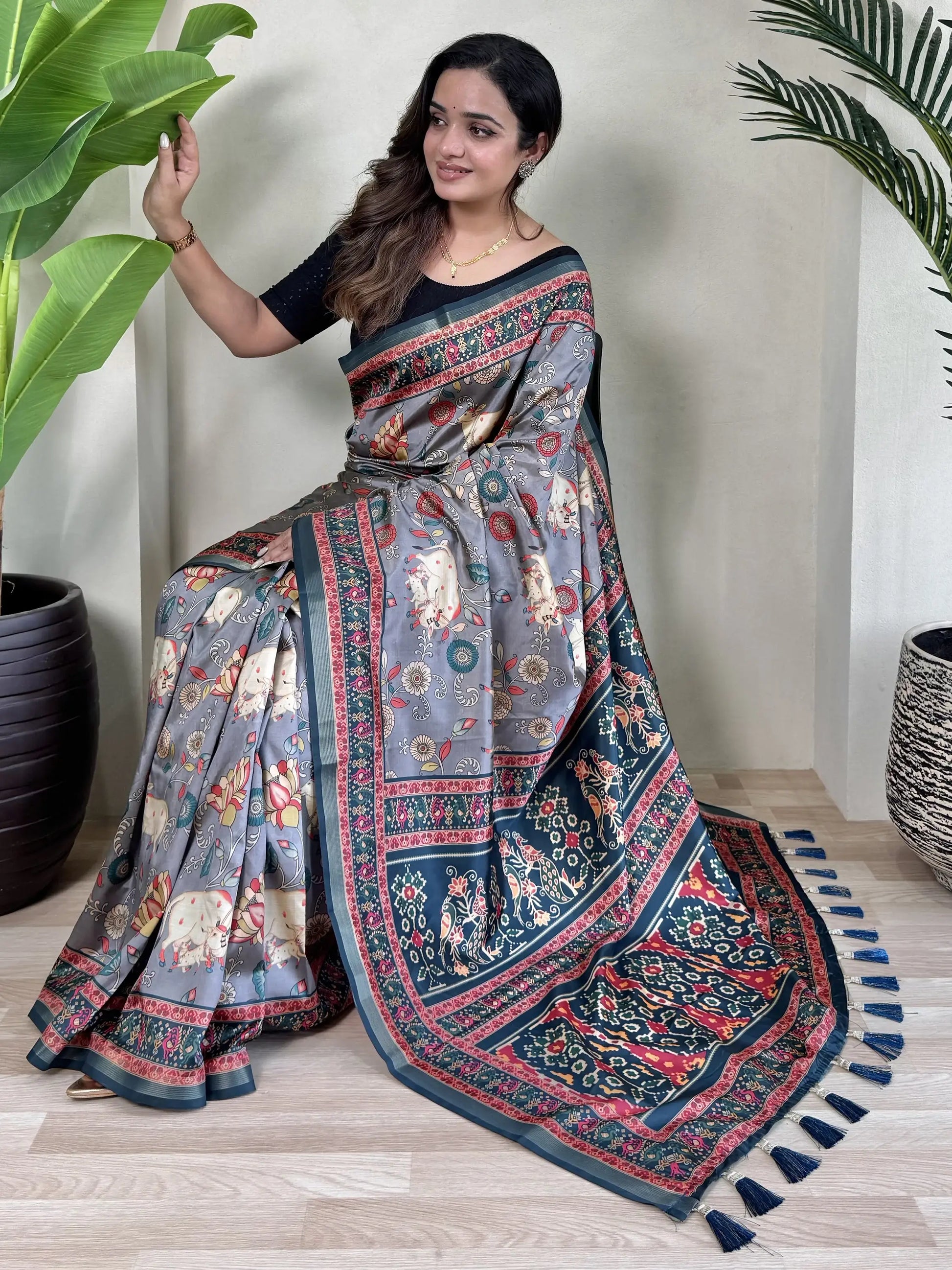 Alluring Blue Pichwai Printed Viscose Silk Casual Wear Saree With Blouse - Zeel Clothing