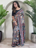 Alluring Blue Pichwai Printed Viscose Silk Casual Wear Saree With Blouse - Zeel Clothing