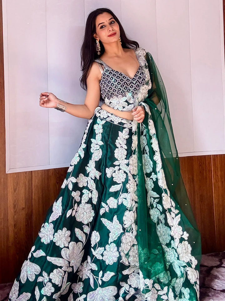 Alluring Bottle Green Dori Work Georgette Lehenga Choli With Dupatta - Zeel Clothing