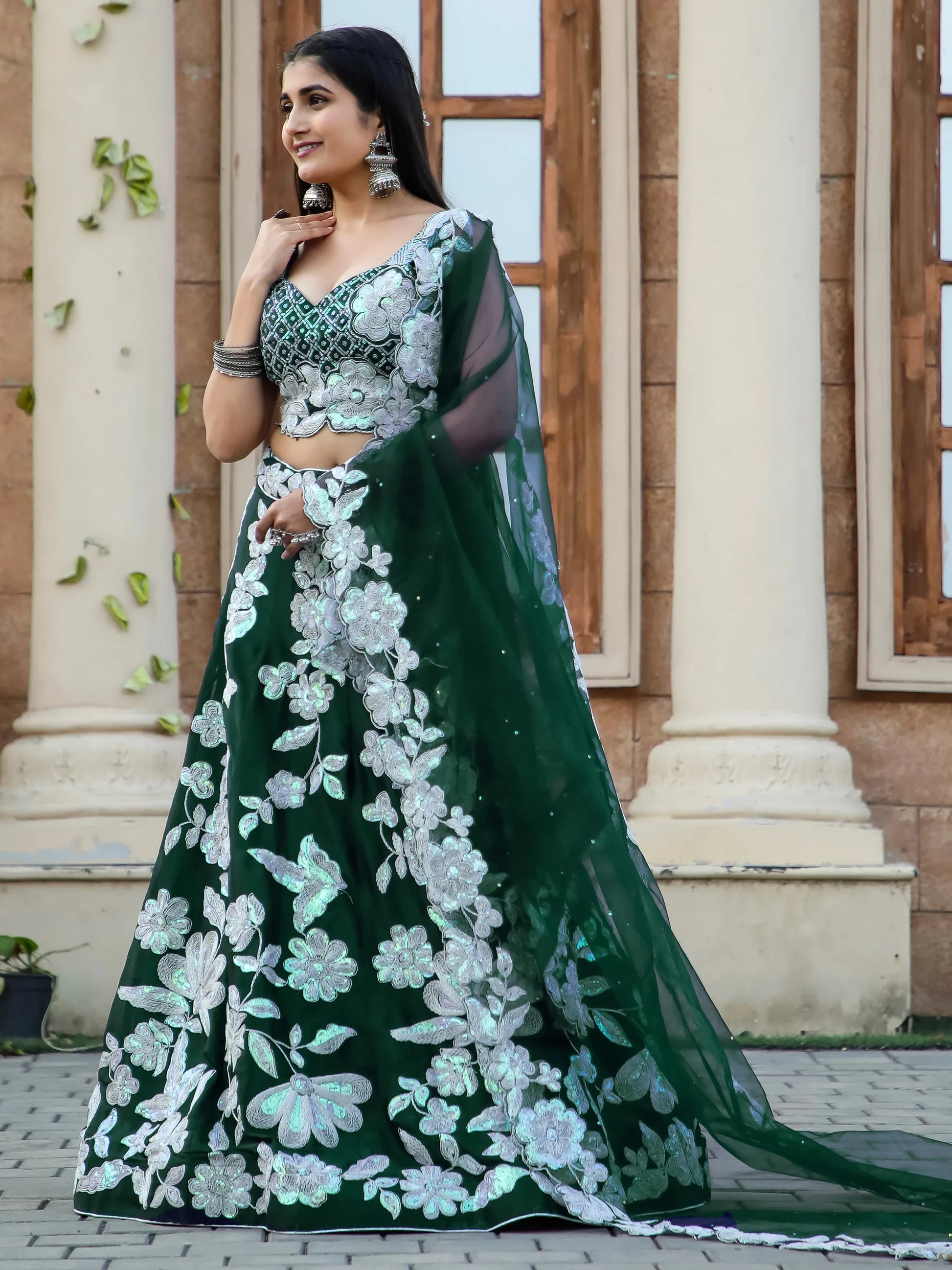 Alluring Bottle Green Dori Work Georgette Lehenga Choli With Dupatta - Zeel Clothing