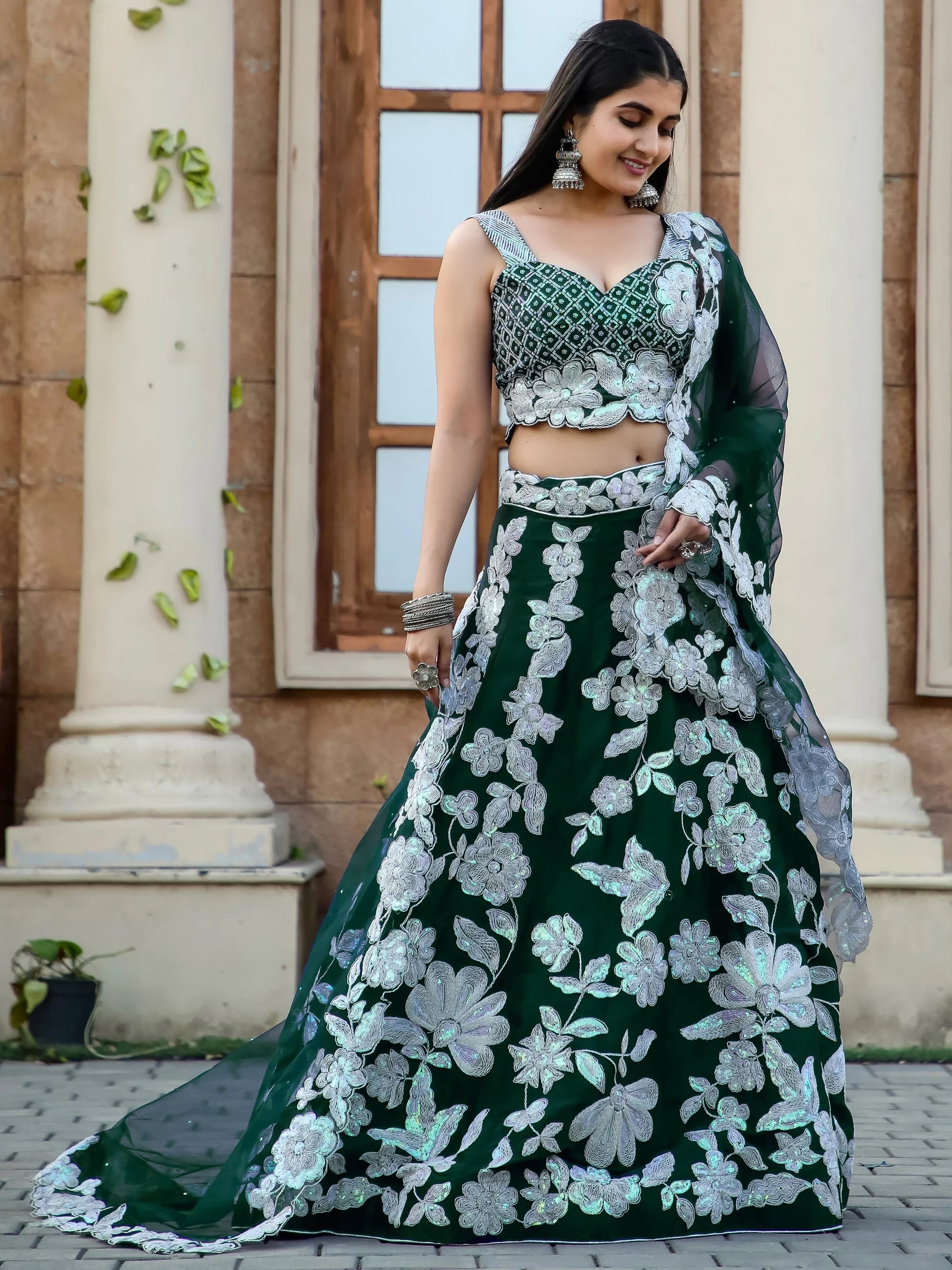 Alluring Bottle Green Dori Work Georgette Lehenga Choli With Dupatta - Zeel Clothing