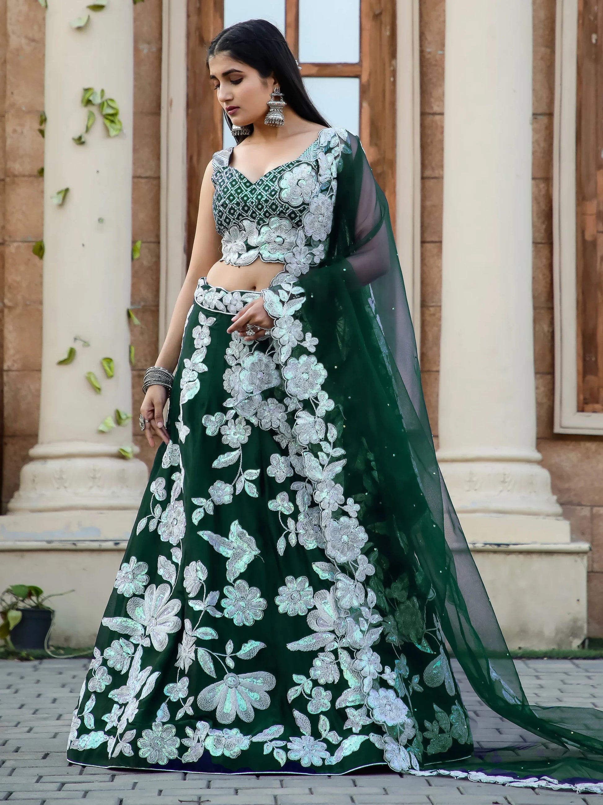 Alluring Bottle Green Dori Work Georgette Lehenga Choli With Dupatta - Zeel Clothing