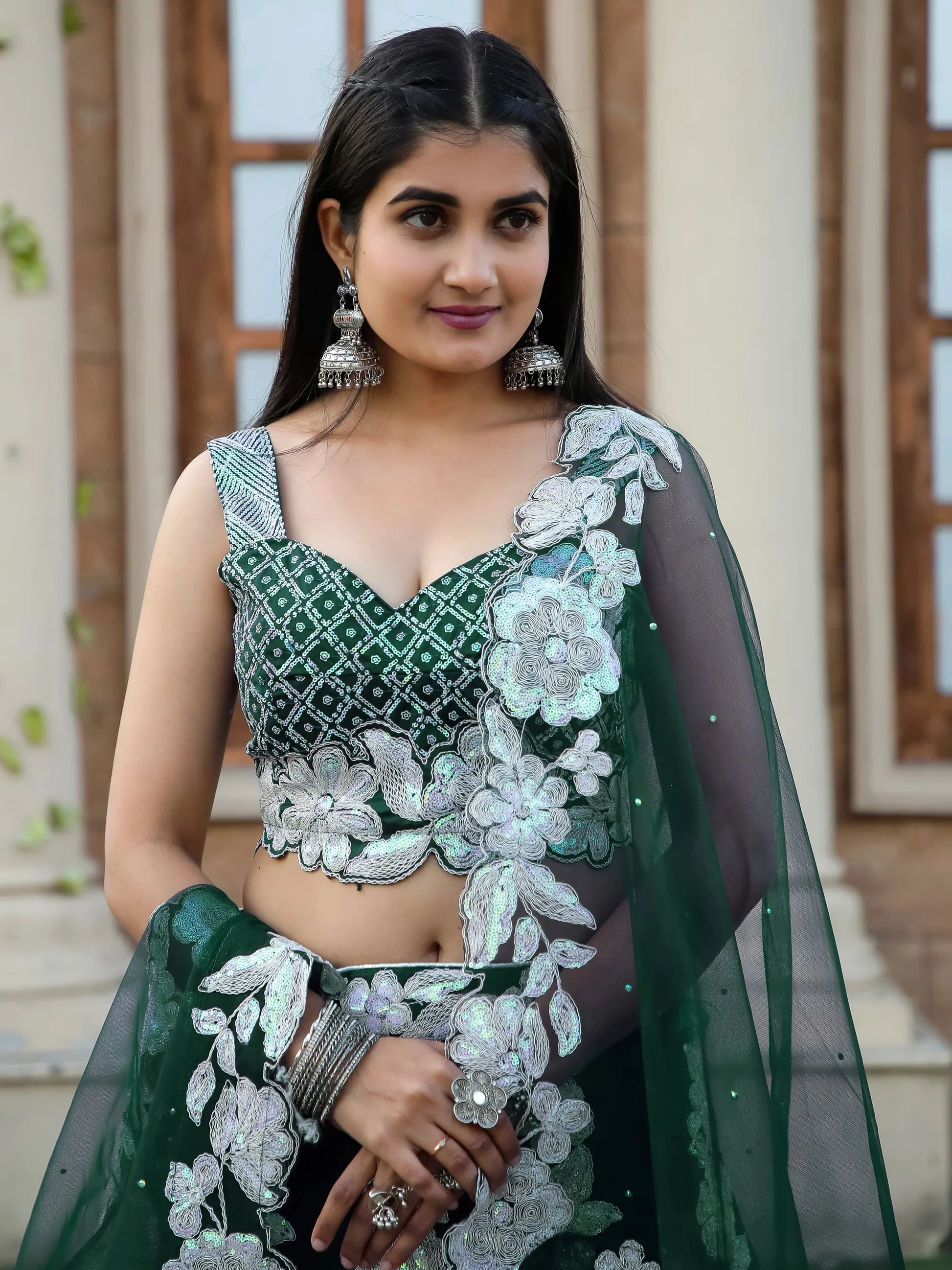 Alluring Bottle Green Dori Work Georgette Lehenga Choli With Dupatta - Zeel Clothing