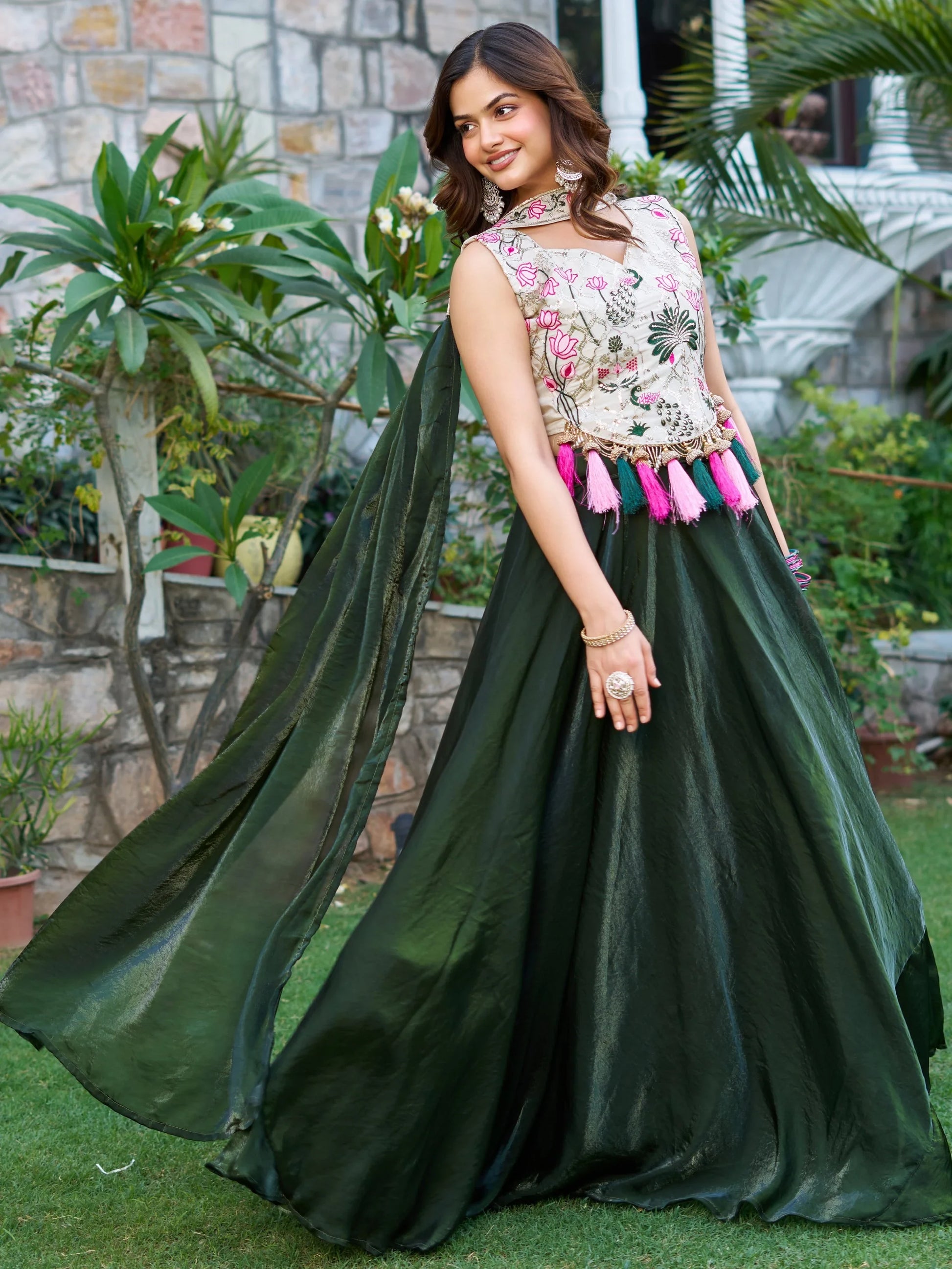 Alluring Bottle Green Tissue Silk Function Wear Lehenga With Embroidered Blouse - Zeel Clothing