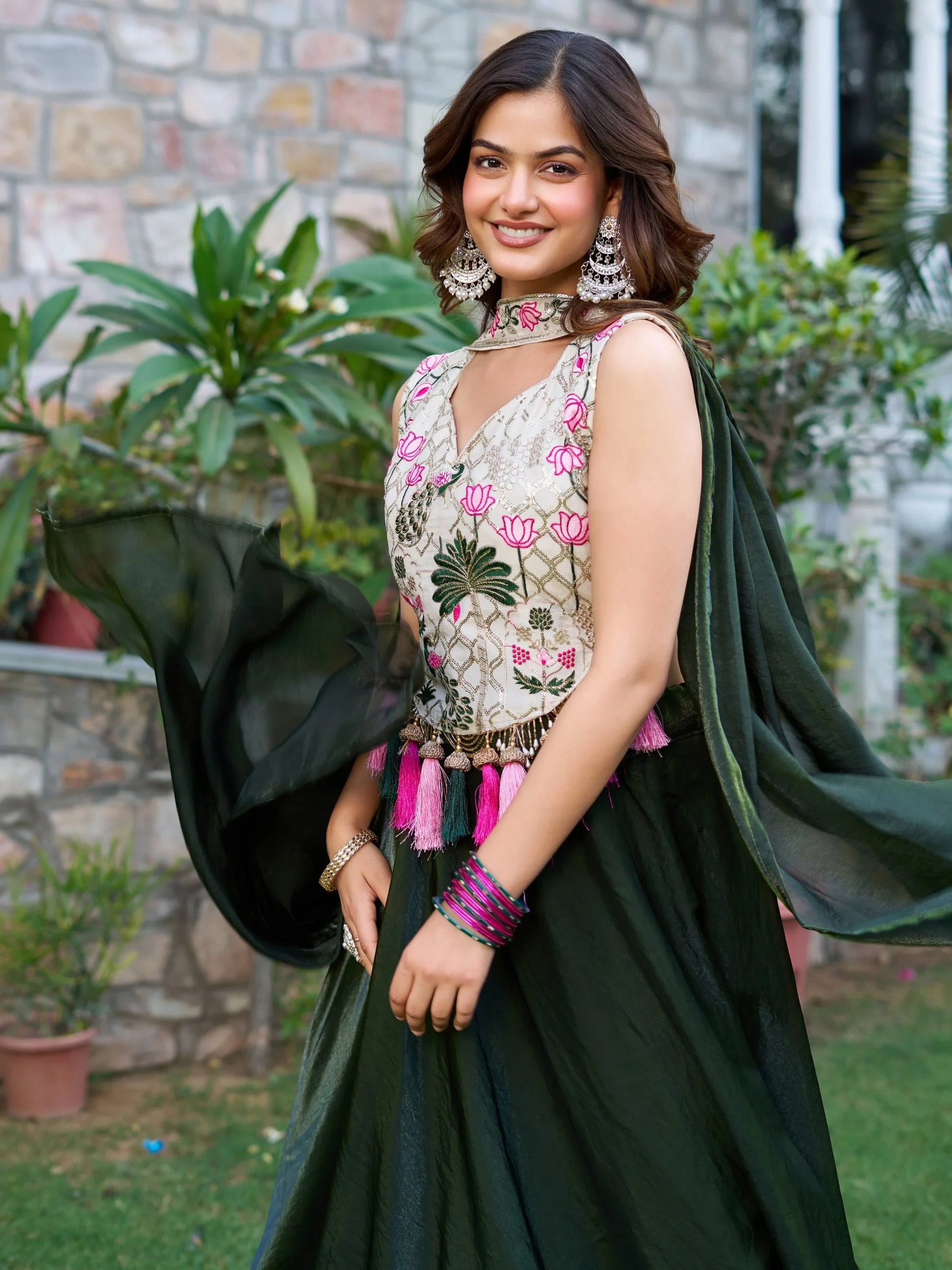 Alluring Bottle Green Tissue Silk Function Wear Lehenga With Embroidered Blouse - Zeel Clothing