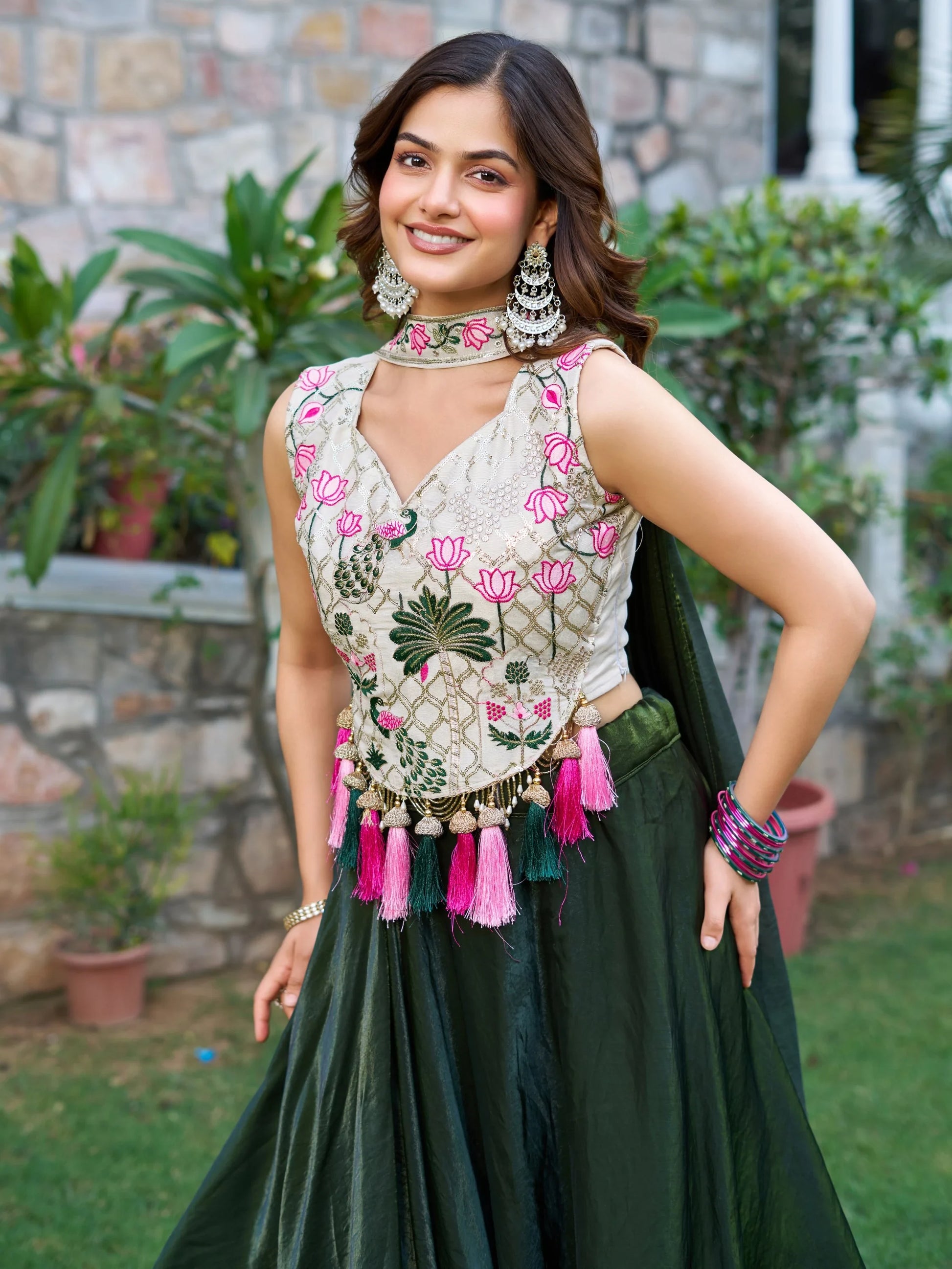 Alluring Bottle Green Tissue Silk Function Wear Lehenga With Embroidered Blouse - Zeel Clothing