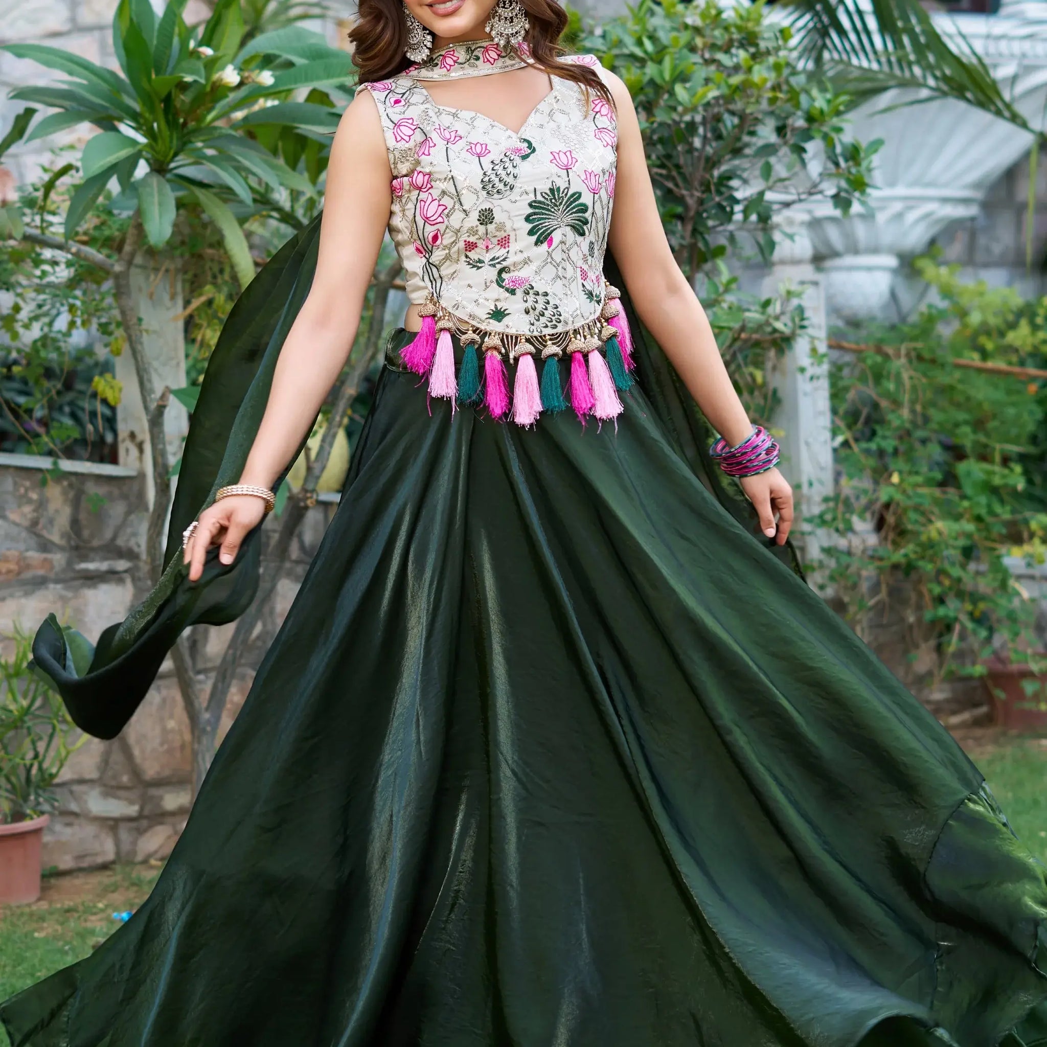 Alluring Bottle Green Tissue Silk Function Wear Lehenga With Embroidered Blouse - Zeel Clothing