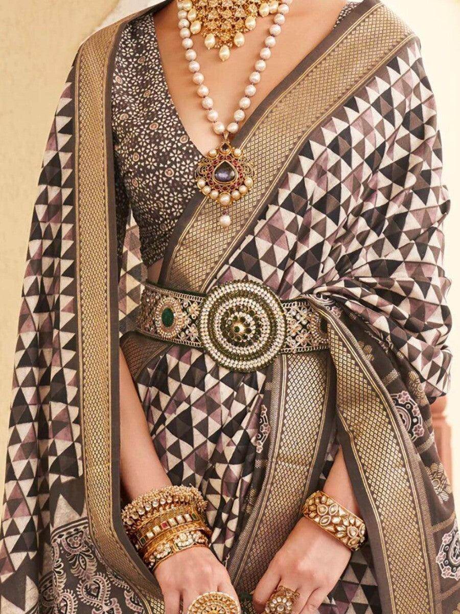 Alluring Brown Digital Print Silk Reception Wear Saree With Blouse - Zeel Clothing