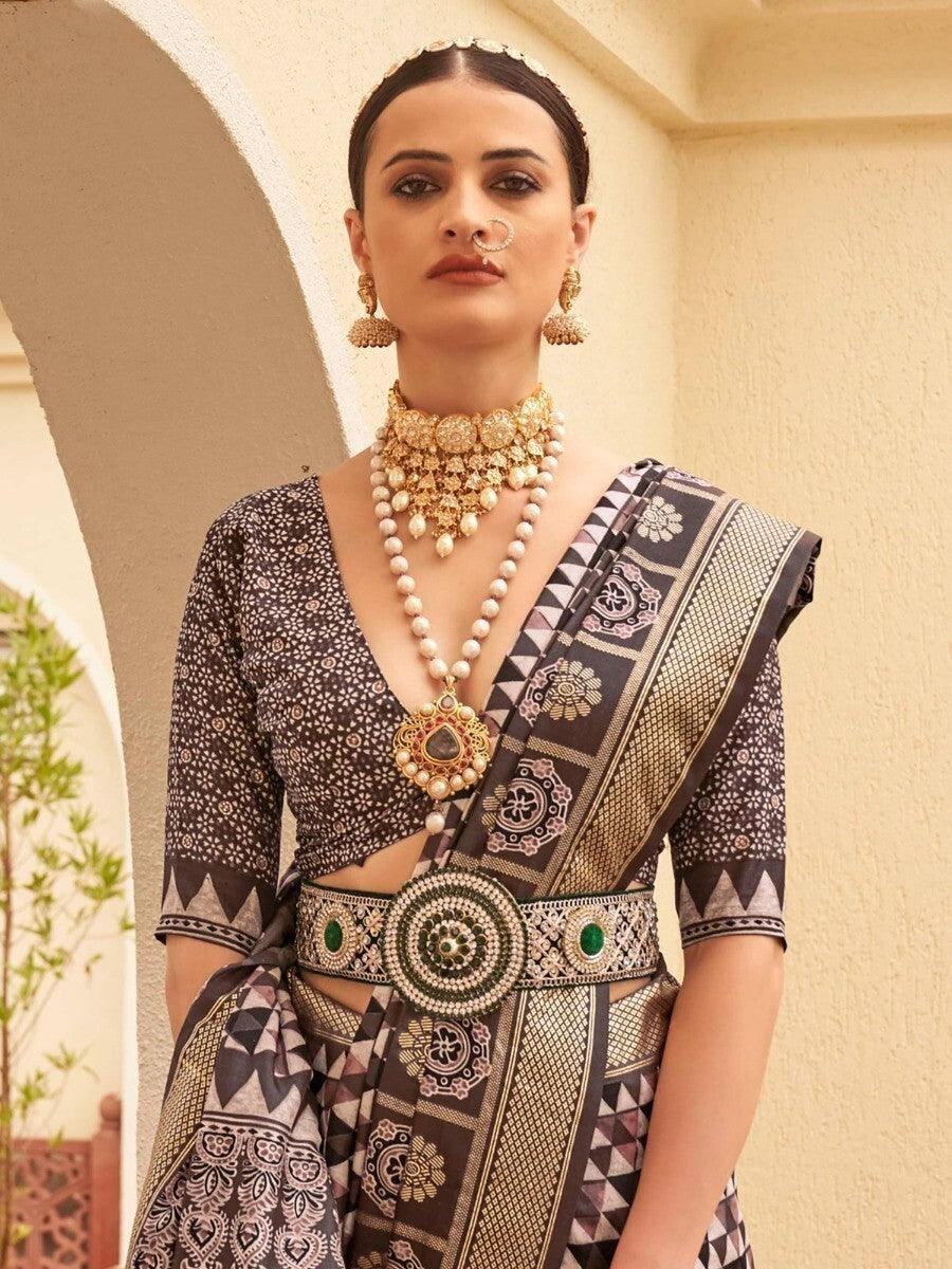 Alluring Brown Digital Print Silk Reception Wear Saree With Blouse