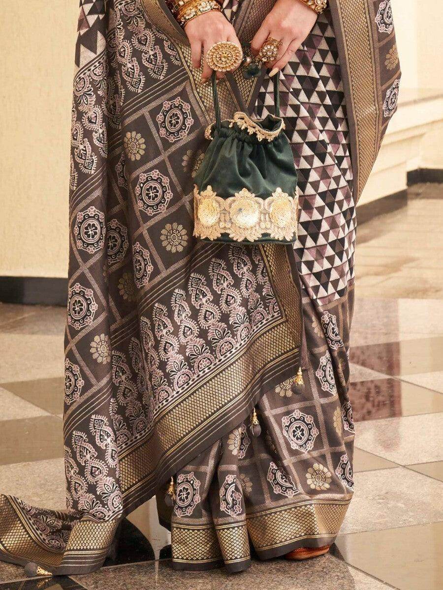Alluring Brown Digital Print Silk Reception Wear Saree With Blouse - Zeel Clothing