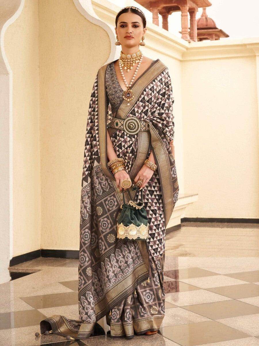 Alluring Brown Digital Print Silk Reception Wear Saree With Blouse - Zeel Clothing