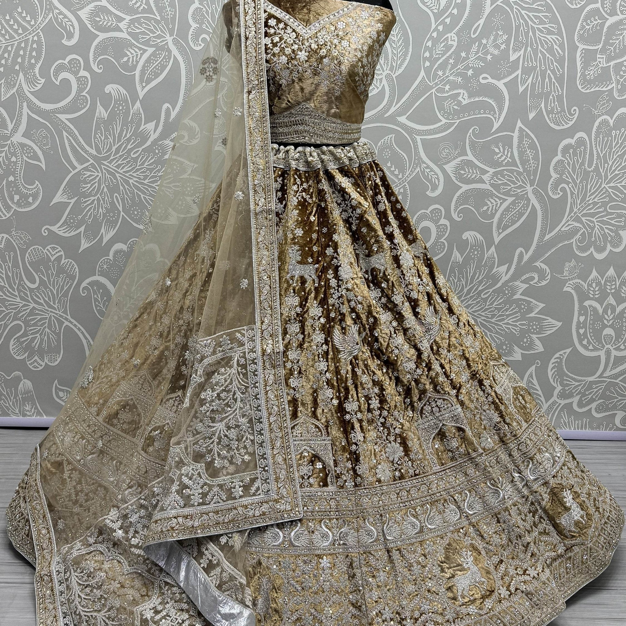 Alluring Brown Embroidered Velvet Wedding Lehenga Choli With Dupatta - Zeel Clothing