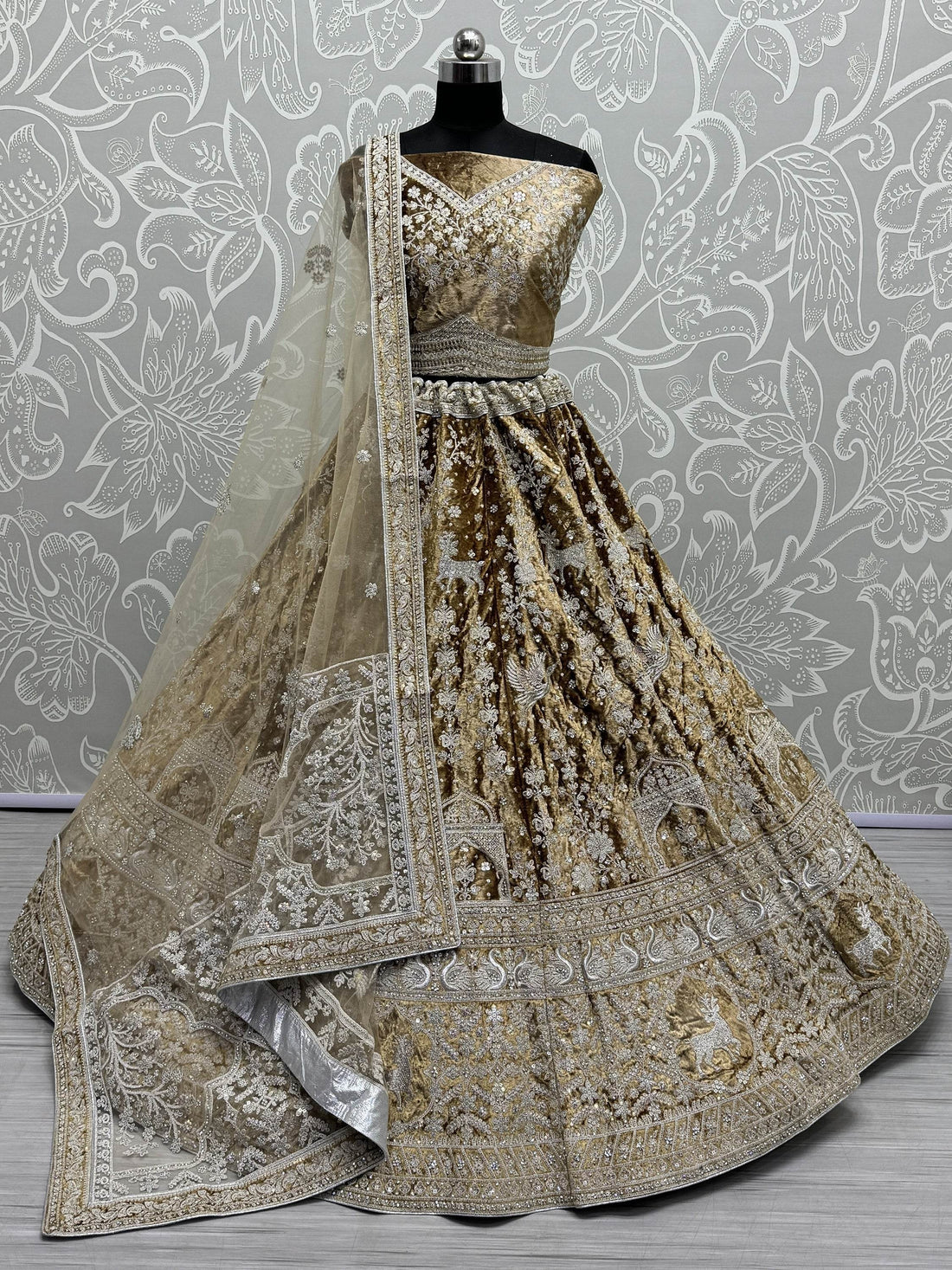 Alluring Brown Embroidered Velvet Wedding Lehenga Choli With Dupatta - Zeel Clothing