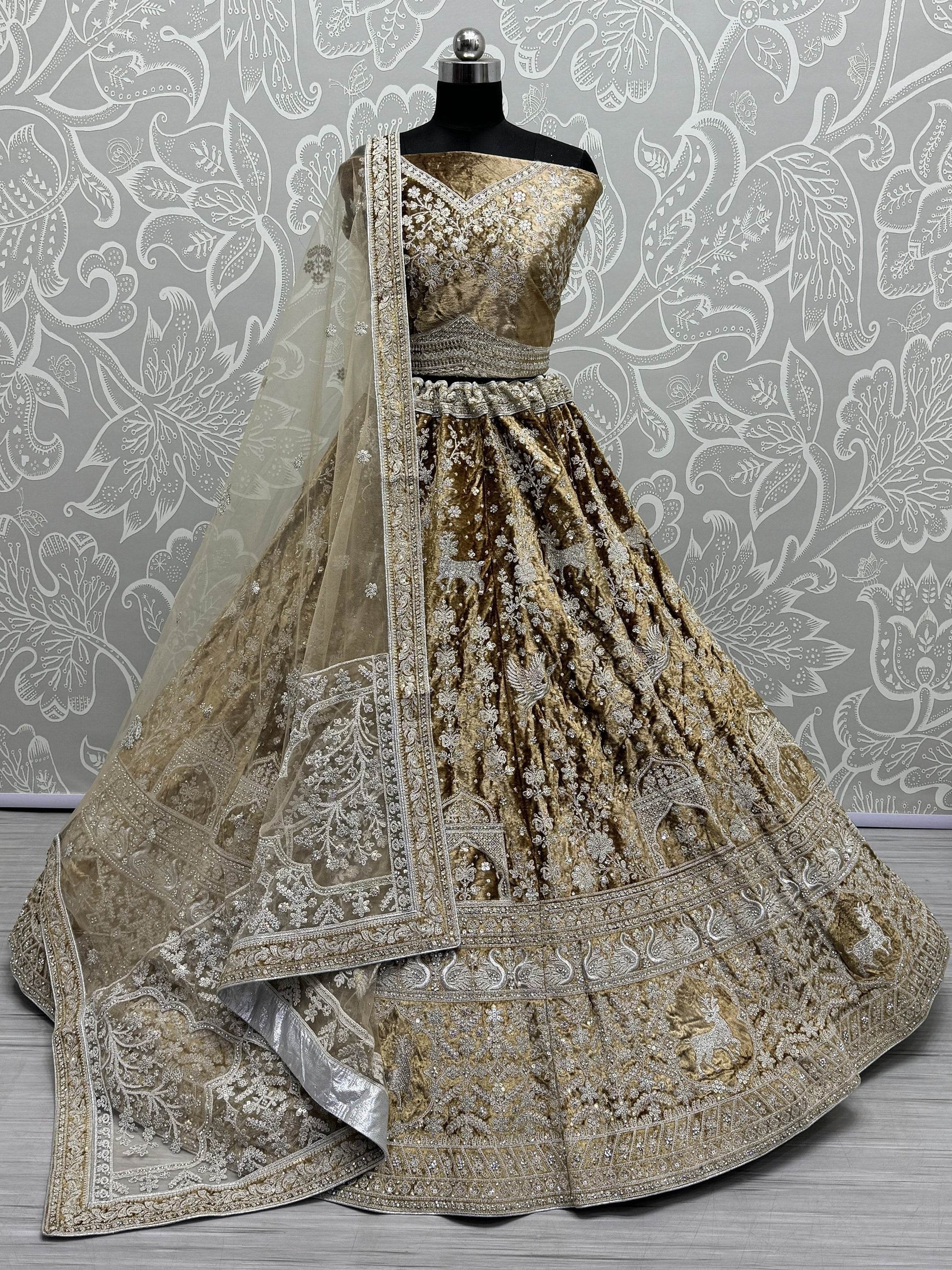 Alluring Brown Embroidered Velvet Wedding Lehenga Choli With Dupatta - Zeel Clothing