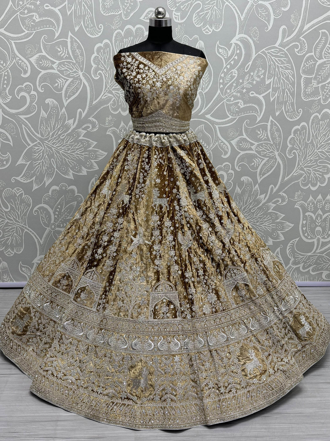 Alluring Brown Embroidered Velvet Wedding Lehenga Choli With Dupatta - Zeel Clothing
