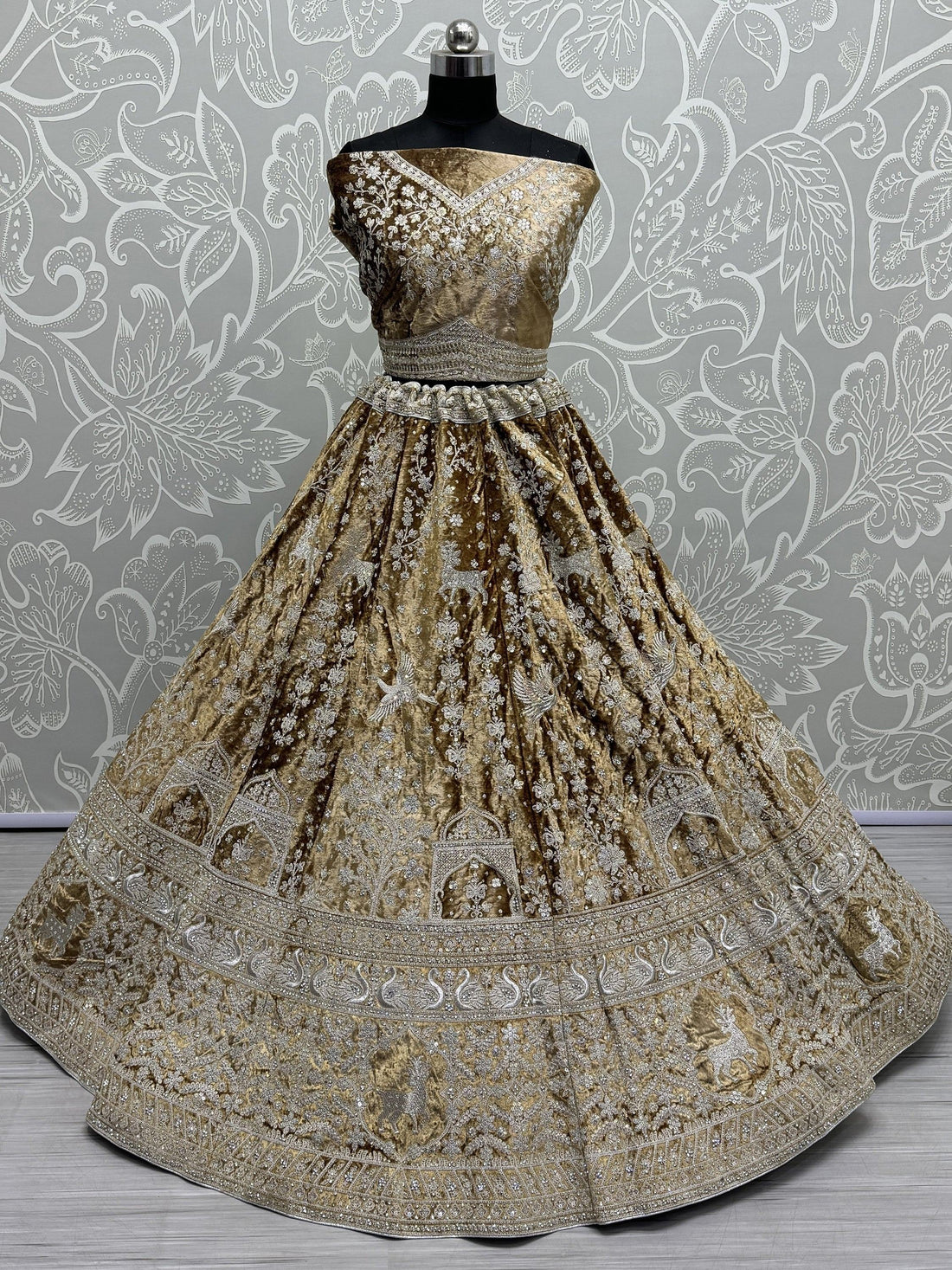 Alluring Brown Embroidered Velvet Wedding Lehenga Choli With Dupatta - Zeel Clothing