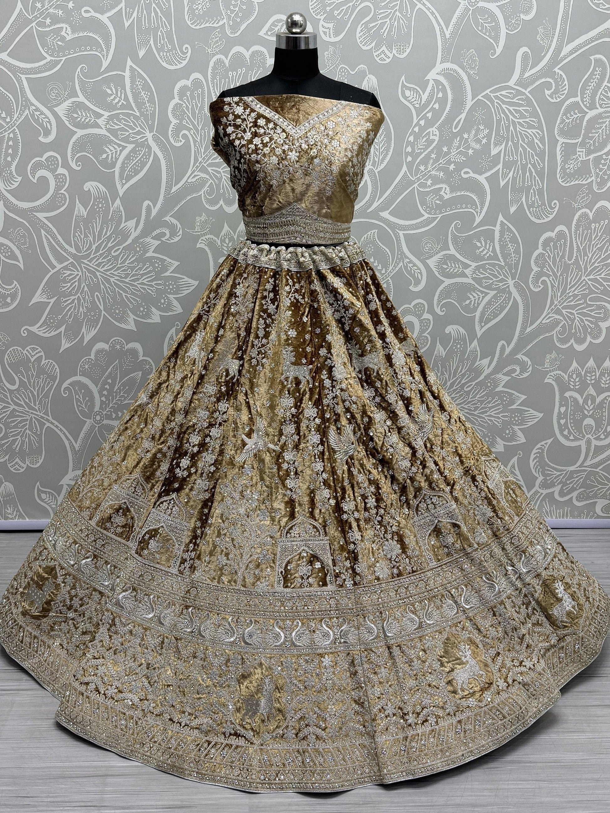 Alluring Brown Embroidered Velvet Wedding Lehenga Choli With Dupatta - Zeel Clothing