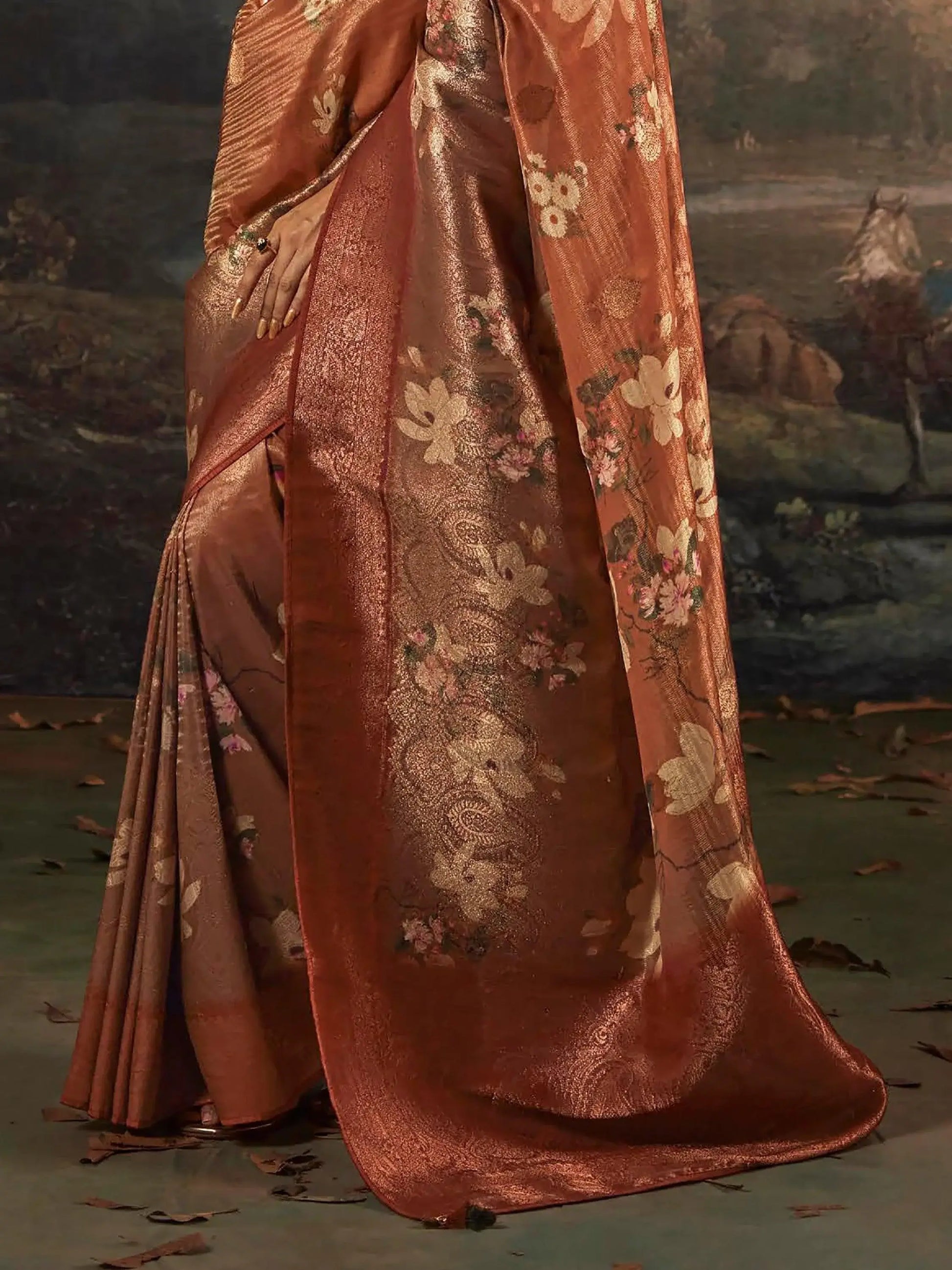 Alluring Brown Floral Printed Silk Events Wear Saree With Blouse - Zeel Clothing