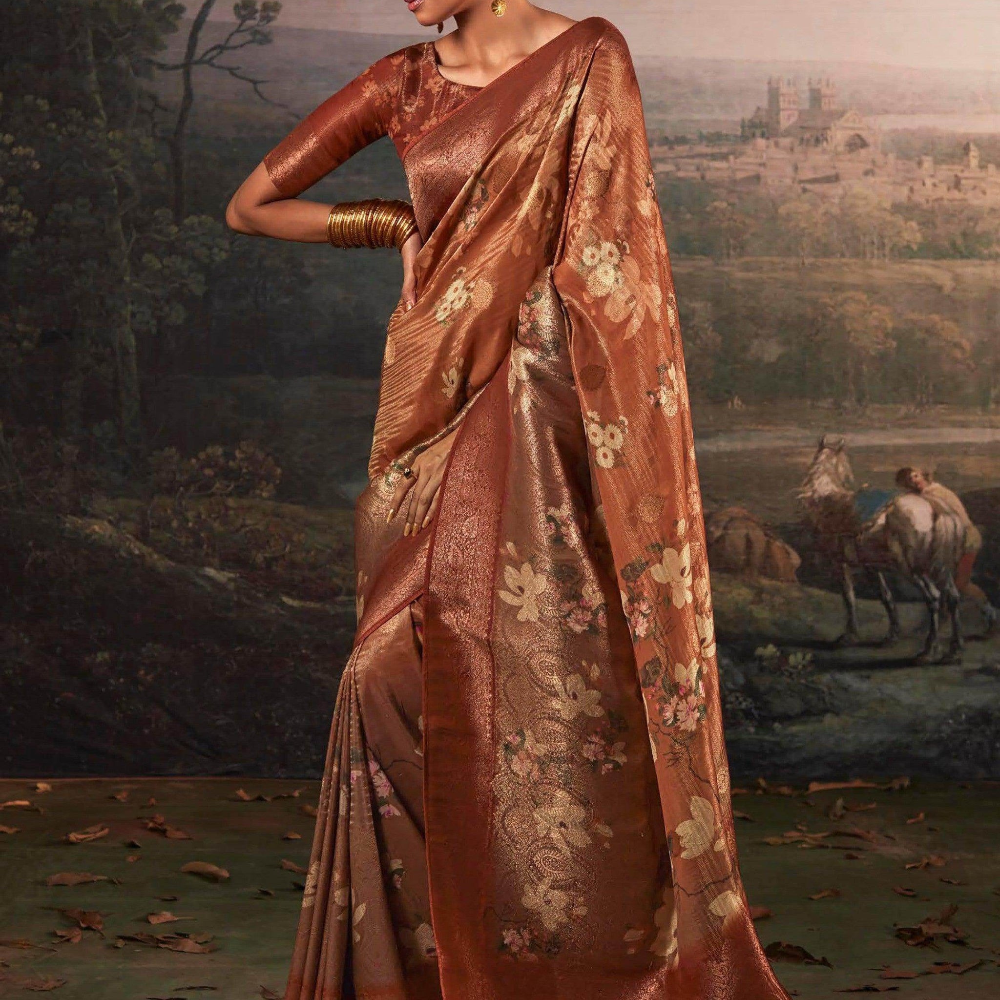 Alluring Brown Floral Printed Silk Events Wear Saree With Blouse - Zeel Clothing