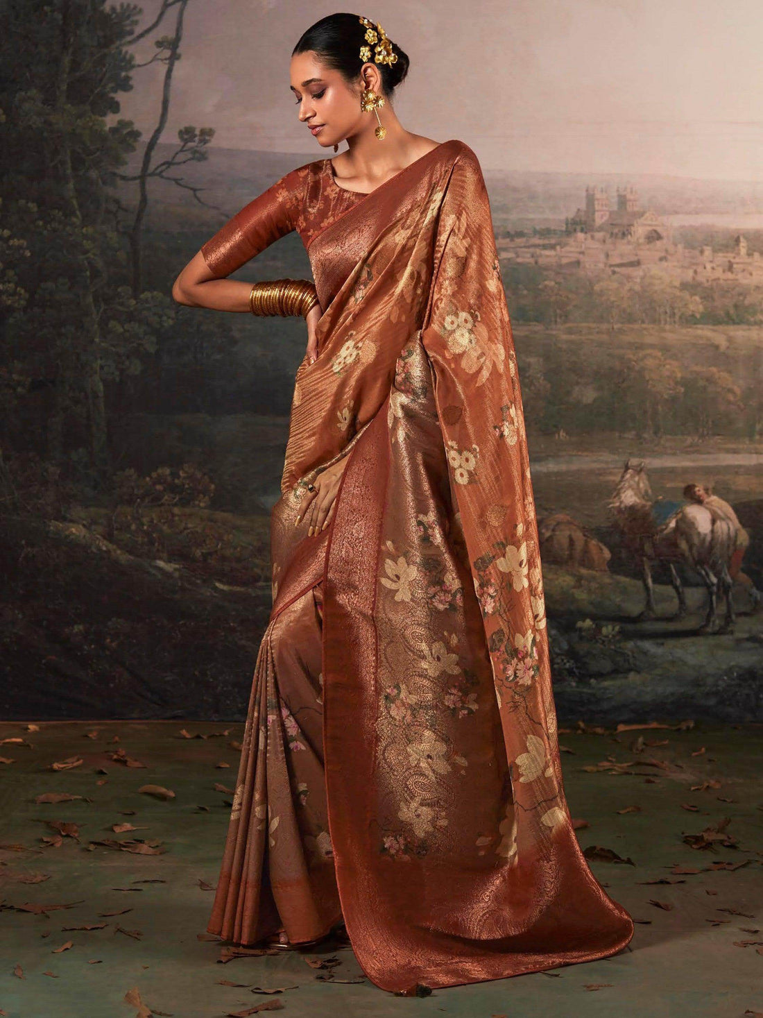 Alluring Brown Floral Printed Silk Events Wear Saree With Blouse - Zeel Clothing