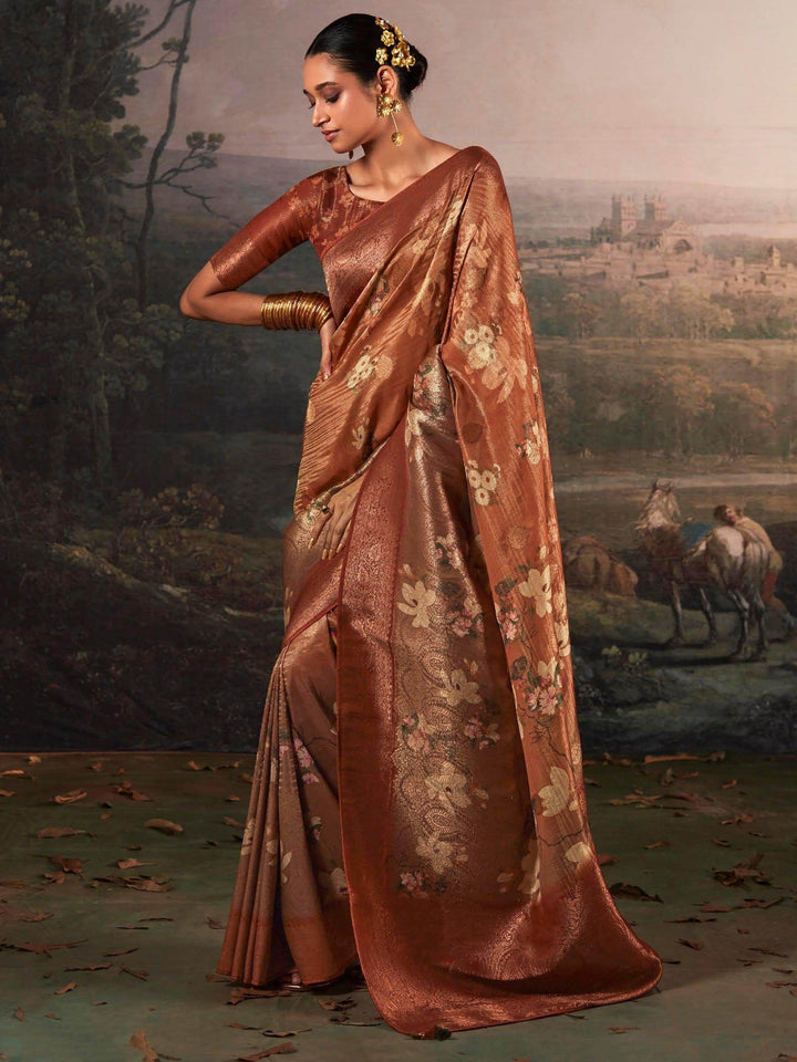Alluring Brown Floral Printed Silk Events Wear Saree With Blouse - Zeel Clothing